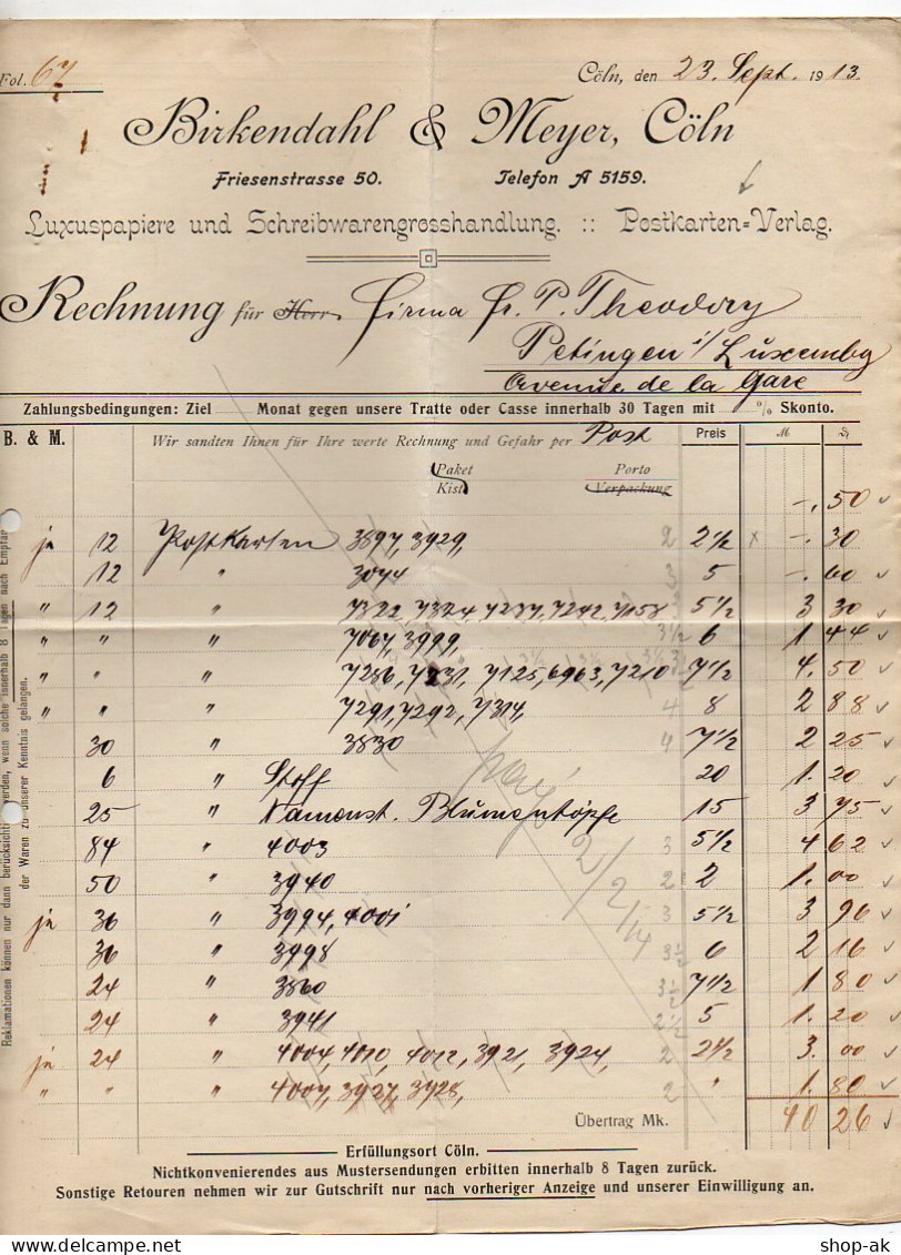 C2657/ Rechnung Postkarten-Verlag Birkendahl & Meyer, Köln 1913 - Other & Unclassified