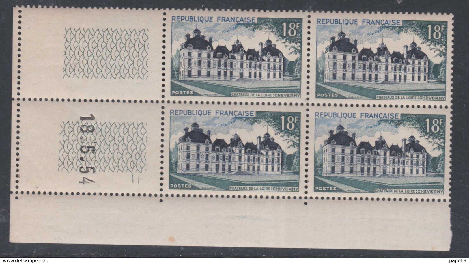 France N° 980 XX Château De Cheverny  En Bloc De 4 Coin Daté Du  18 . 5. 54 ; 2 Traits Sans Charnière, TB - 1950-1959