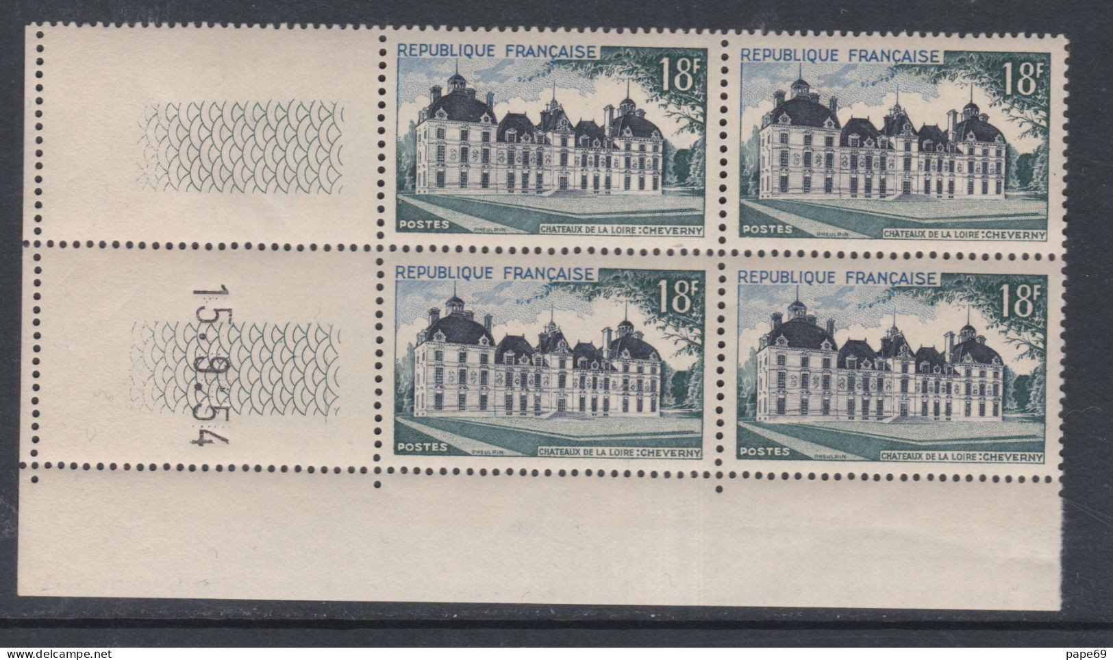 France N° 980 XX Château De Cheverny  En Bloc De 4 Coin Daté Du  15 . 9. 54 ; Sans Trait Sans Charnière, TB - 1950-1959