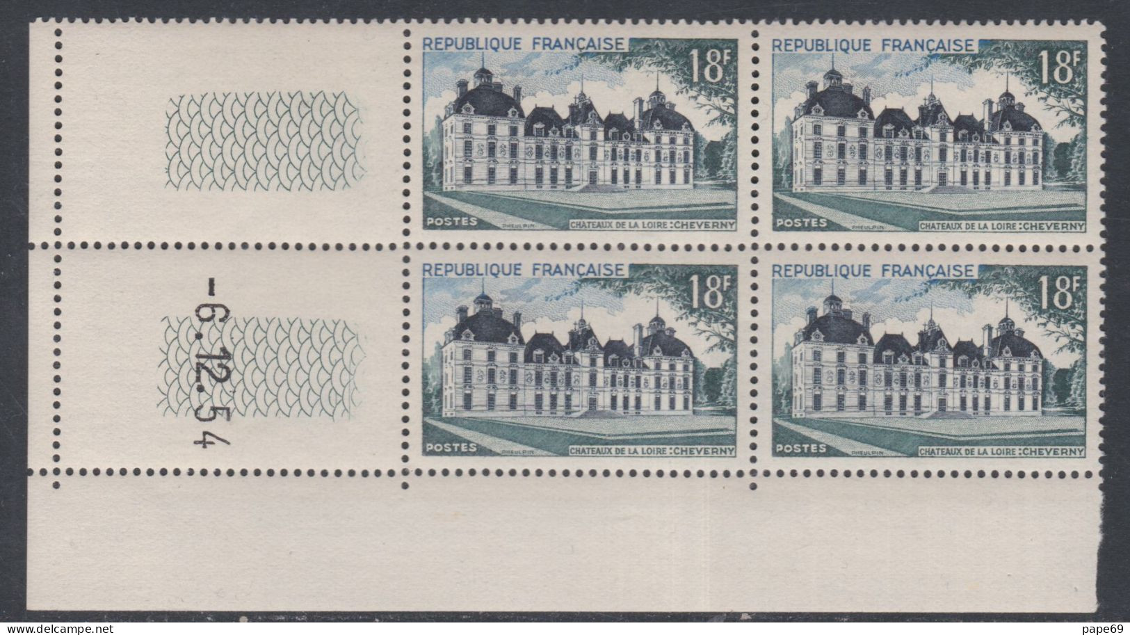 France N° 980 XX Château De Cheverny  En Bloc De 4 Coin Daté Du  6 . 12. 54 ; Sans Trait Sans Charnière, TB - 1950-1959