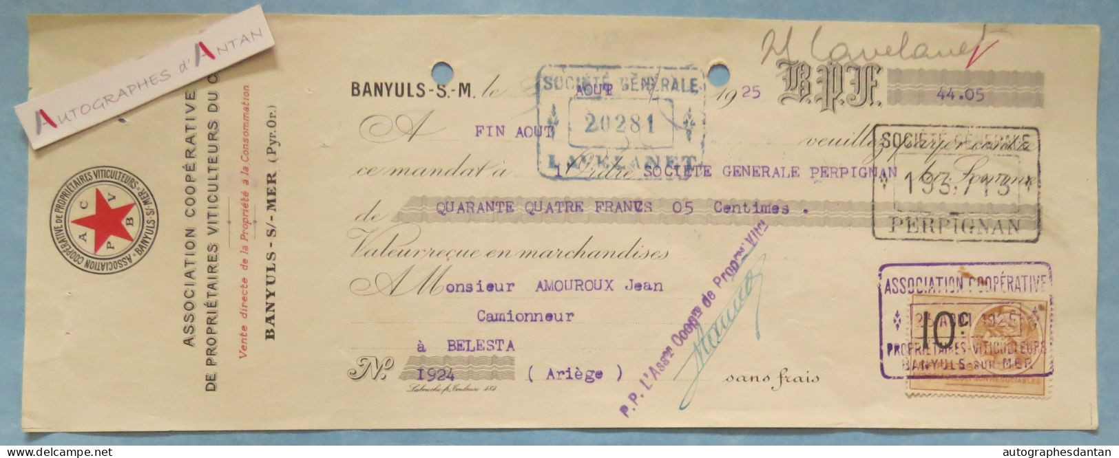 ● BANYULS Sur Mer 1925 Assoc Coopérative De Propriétaires Viticulteurs - Pyrénées Orientales - Amouroux à Belesta - Lettres De Change