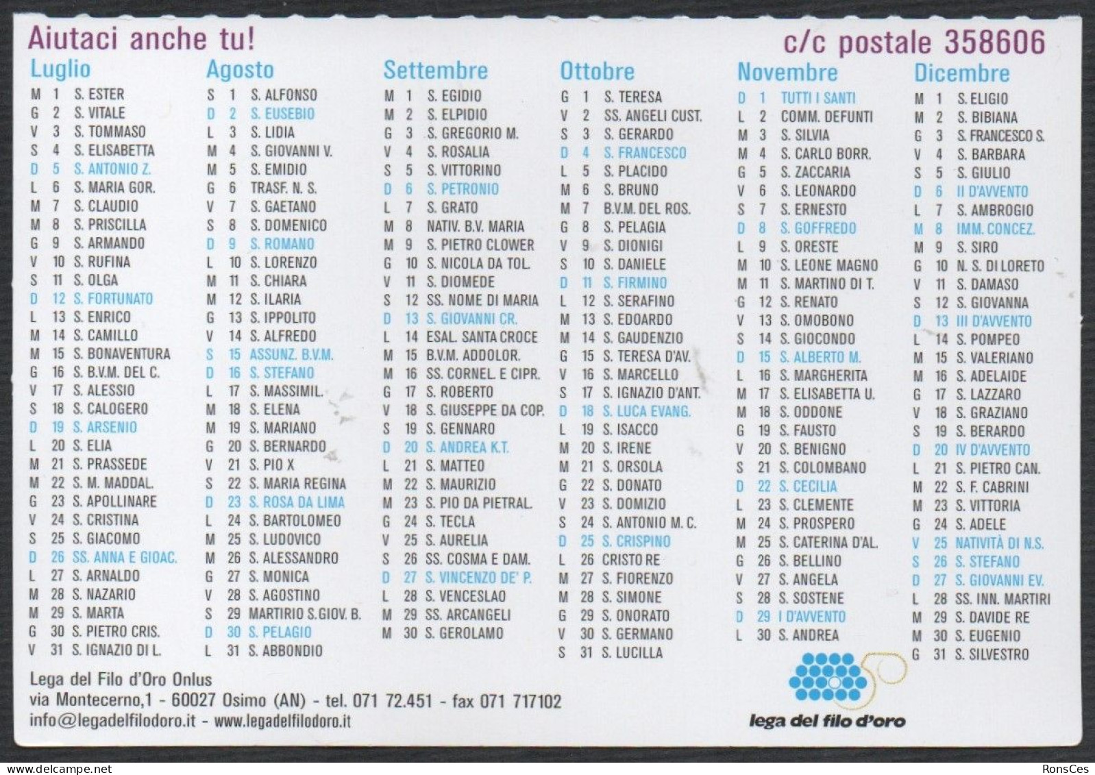 ITALIA 2015 - CALENDARIO TASCABILE - LEGA DEL FILO D'ORO - DAL 1964 ASSISTE EDUCA E RIABILITA LE PERSONE SORDOCIECHE - I - Petit Format : 2001-...
