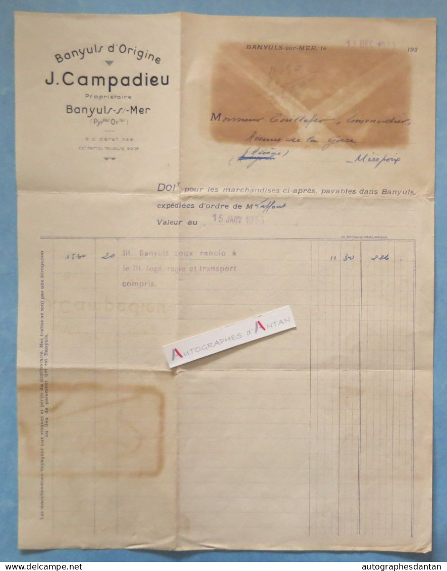 ● BANYULS Sur Mer 1933 J. CAMPADIEU - Pyrénées Orientales - Facture à M. Taillefer Limonadier à Mirepoix Ariège - 1900 – 1949