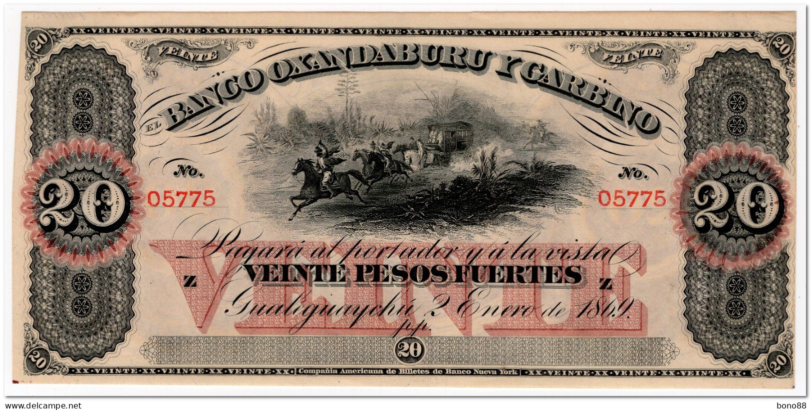 ARGENTINA,BANCO OXANDABURU Y GARBINO,20 PESOS FUERTES,1869,P.S1794,AU-UNC - Argentinië