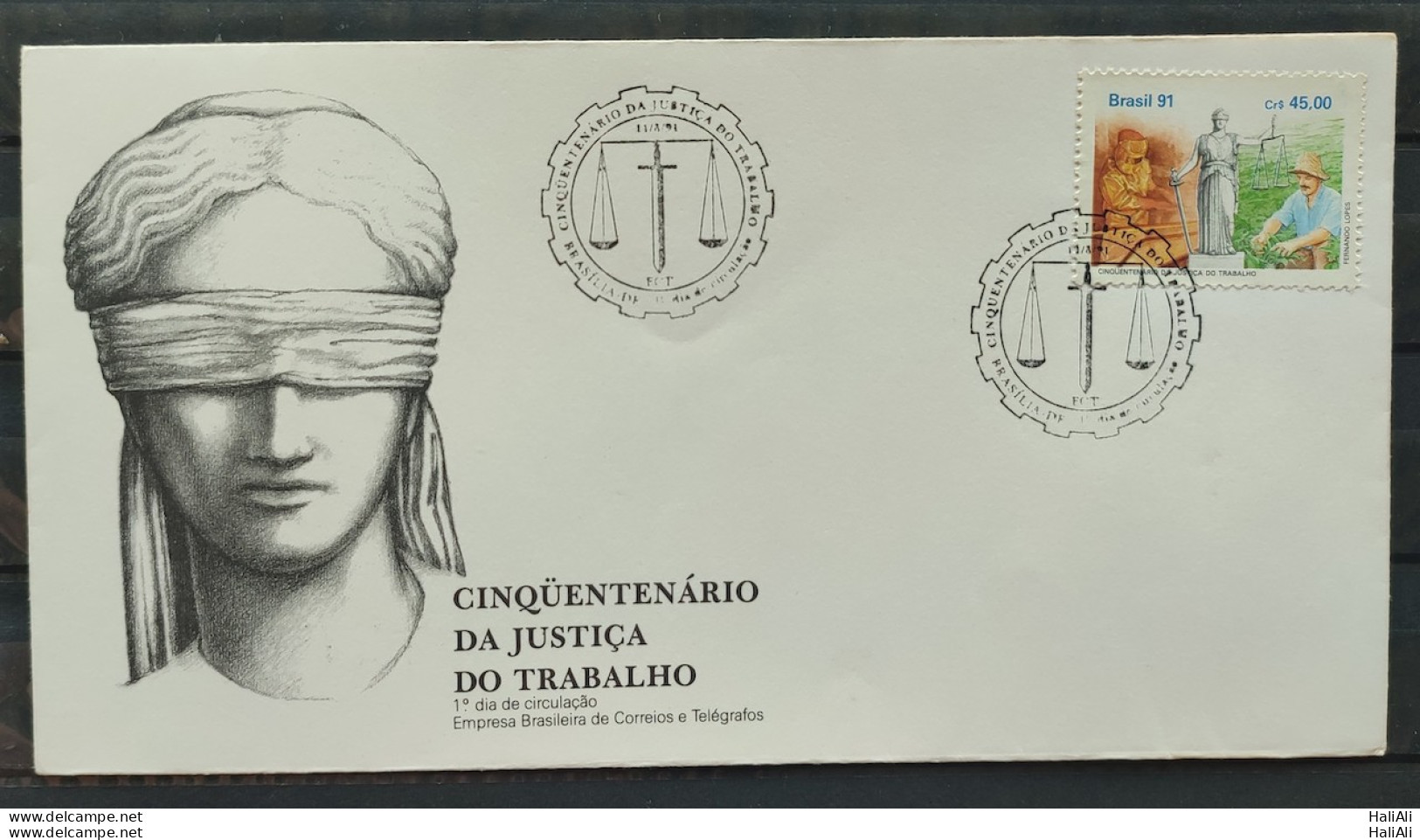 Brazil Envelope FDC FDC 537 1991 JUSTICE OF WORK LAW Hat CBC DF - FDC