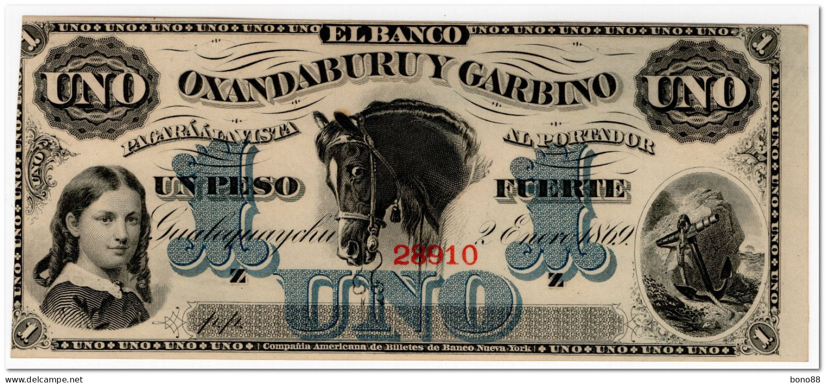 ARGENTINA,BANCO OXANDABURU Y GARBINO,1  PESO  FUERTE,1869,P.S1791,AU-UNC - Argentine