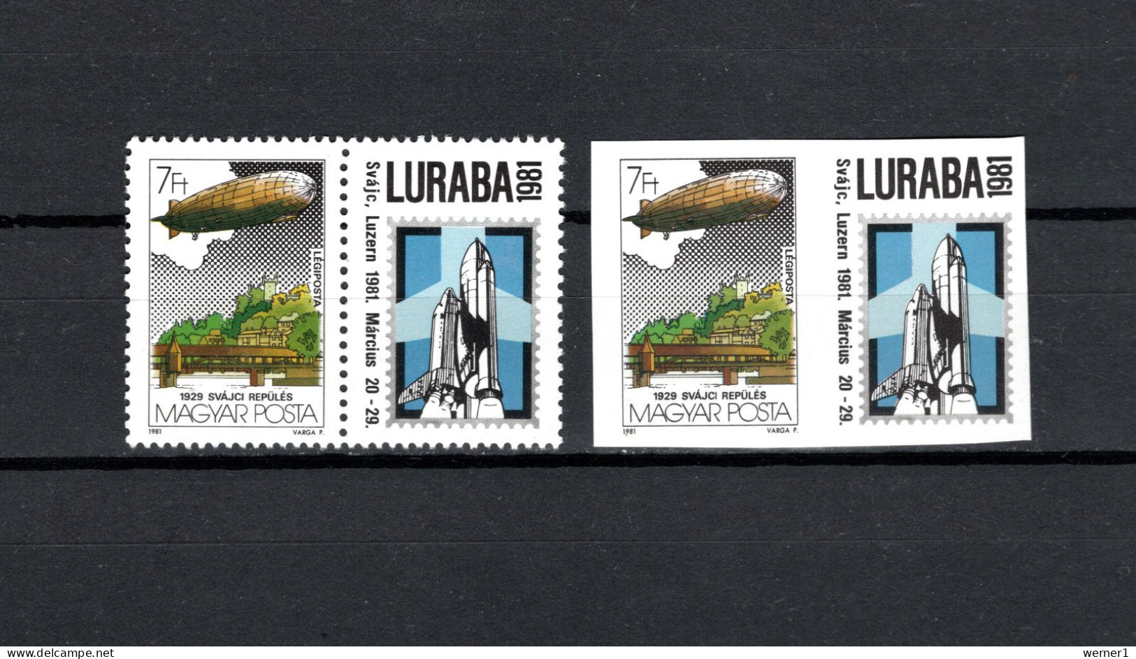 Hungary 1981 Space, Zeppelin 7Ft Stamp Perf. And Imperf. With Luraba Label MNH - Europa