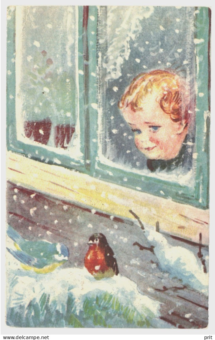 Child Looks Out Of The Window, Birds Winter Snow 1936 Used Vintage Postcard. Publisher Norsk Kunnstnerkort Eneret Norway - Noruega