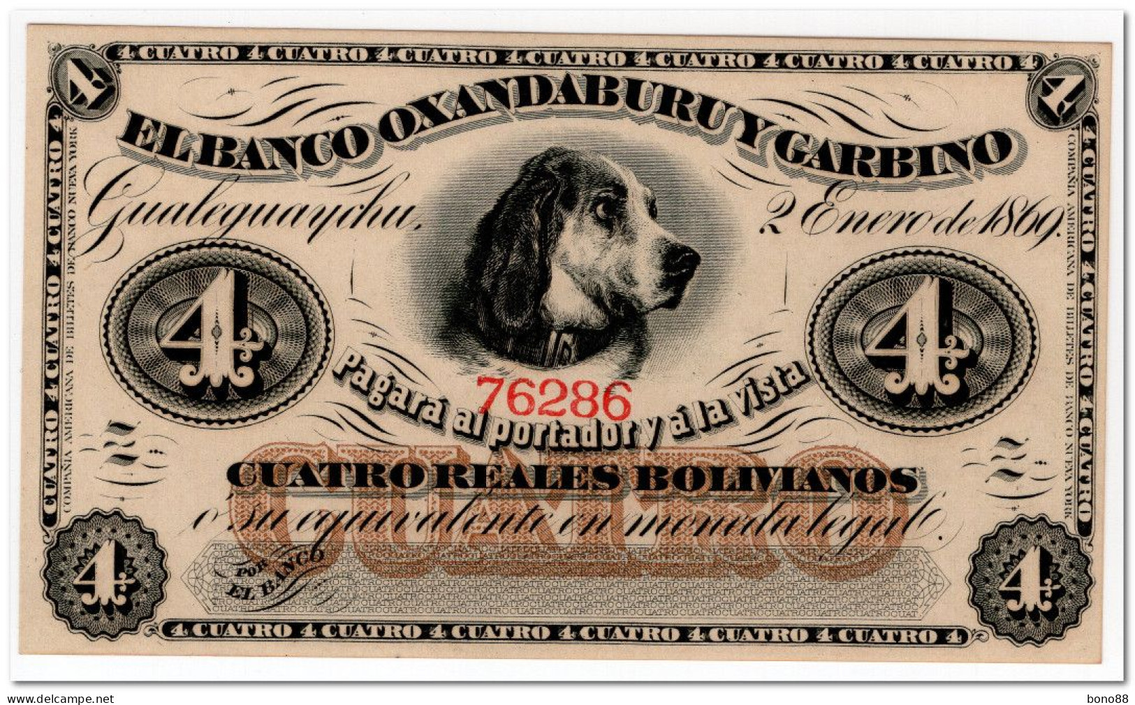 ARGENTINA,BANCO OXANDABURU Y GARBINO, 4 REALES BOLIVIANOS,1869,P.S1781,UNC - Argentina