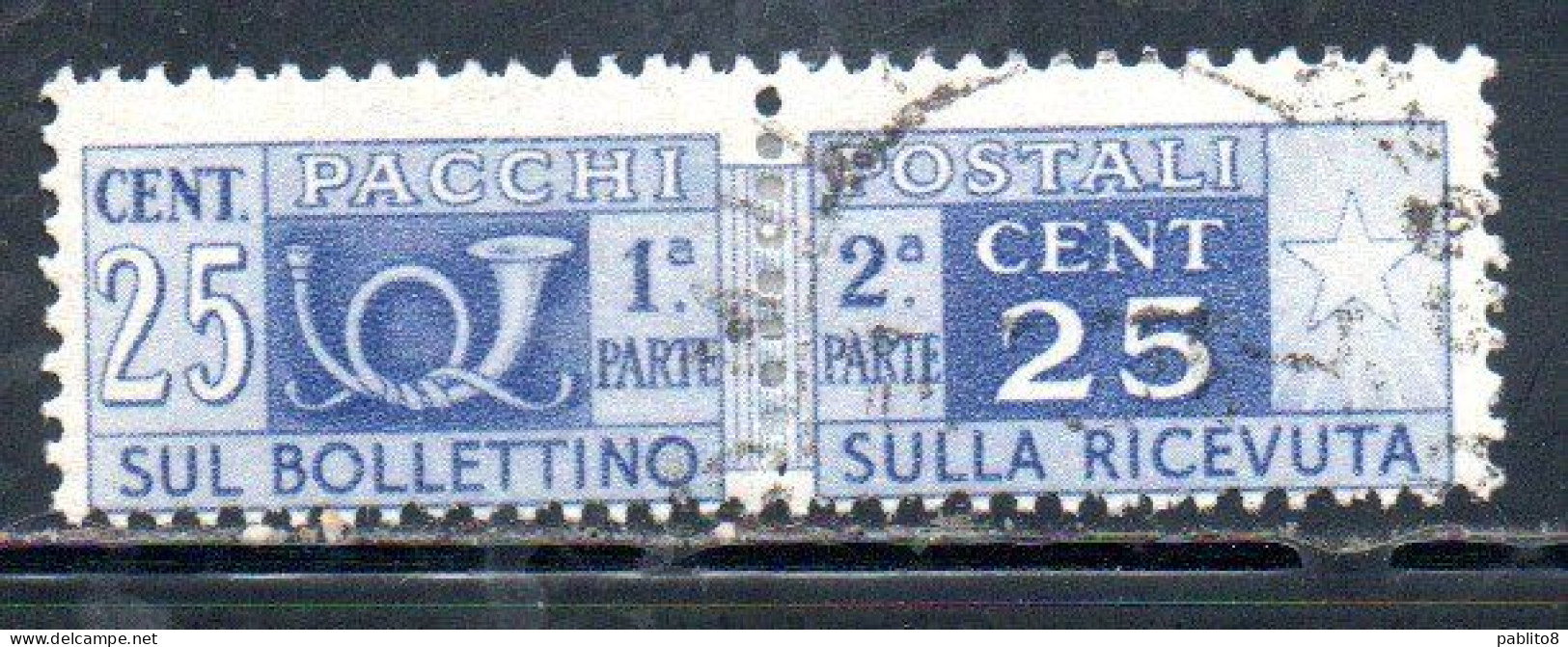 ITALIA REPUBBLICA ITALY REPUBLIC 1946 1951 PACCHI POSTALI PARCEL POST RUOTA WHEEL 1947 CENT. 25c USATO USED OBLITERE' - Colis-postaux