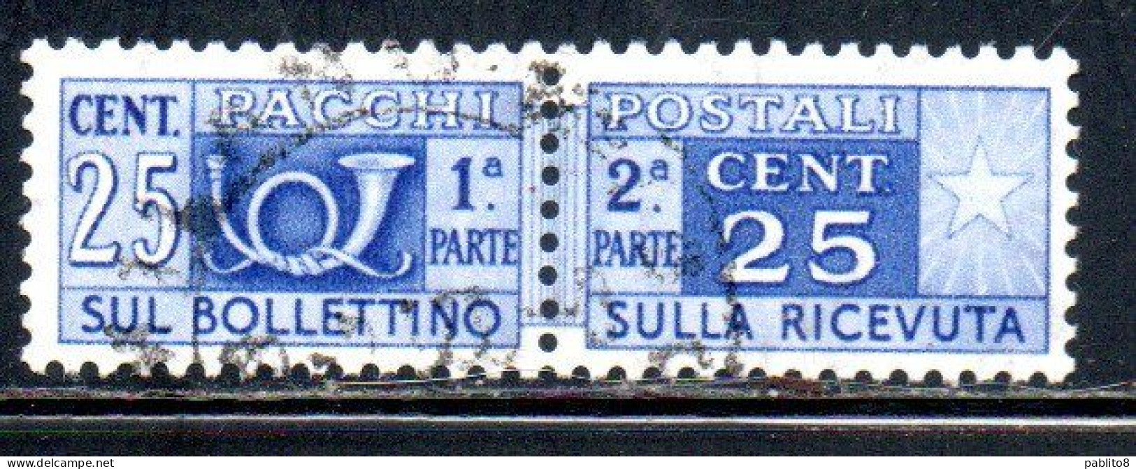ITALIA REPUBBLICA ITALY REPUBLIC 1946 1951 PACCHI POSTALI PARCEL POST RUOTA WHEEL 1947 CENT. 25c USATO USED OBLITERE' - Colis-postaux