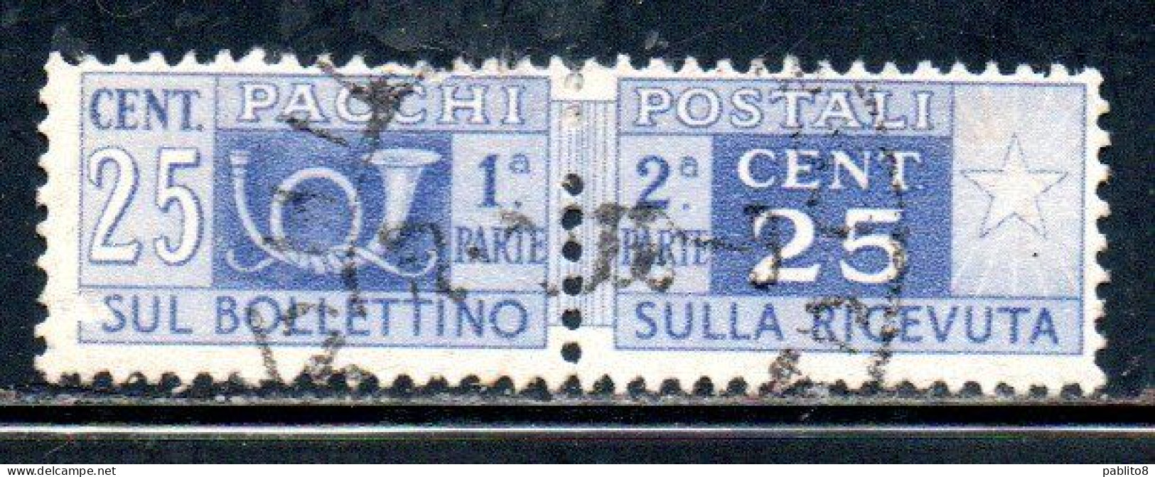 ITALIA REPUBBLICA ITALY REPUBLIC 1946 1951 PACCHI POSTALI PARCEL POST RUOTA WHEEL 1947 CENT. 25c USATO USED OBLITERE' - Pacchi Postali