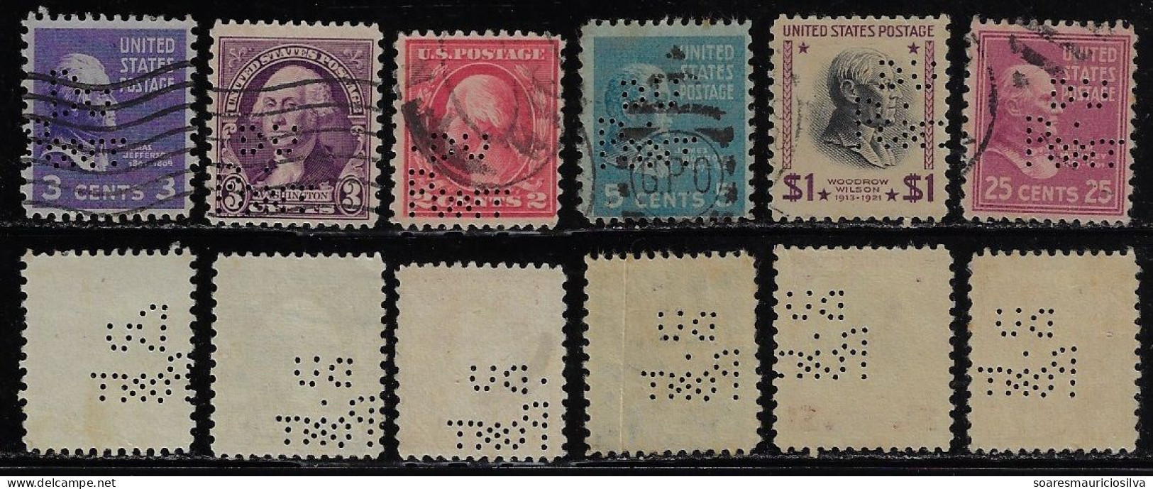 USA United States 1902/1949 6 Stamp Perfin DU/./PONT By E.I. Du Pont De Nemours & Company Incorporated Lochung Perfore - Zähnungen (Perfins)