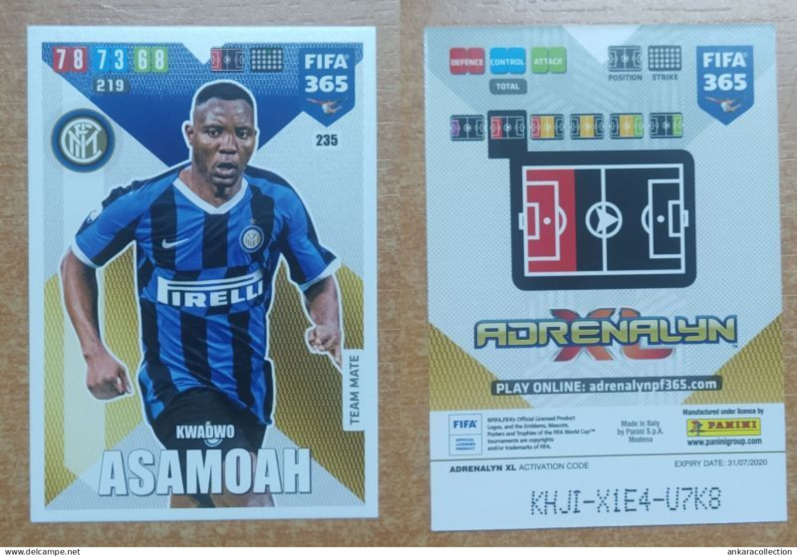 AC - 235 KWADWO ASAMOAH  FC INTERNAZIONALE MILANO  PANINI FIFA 365 2020 ADRENALYN TRADING CARD - Tarjetas