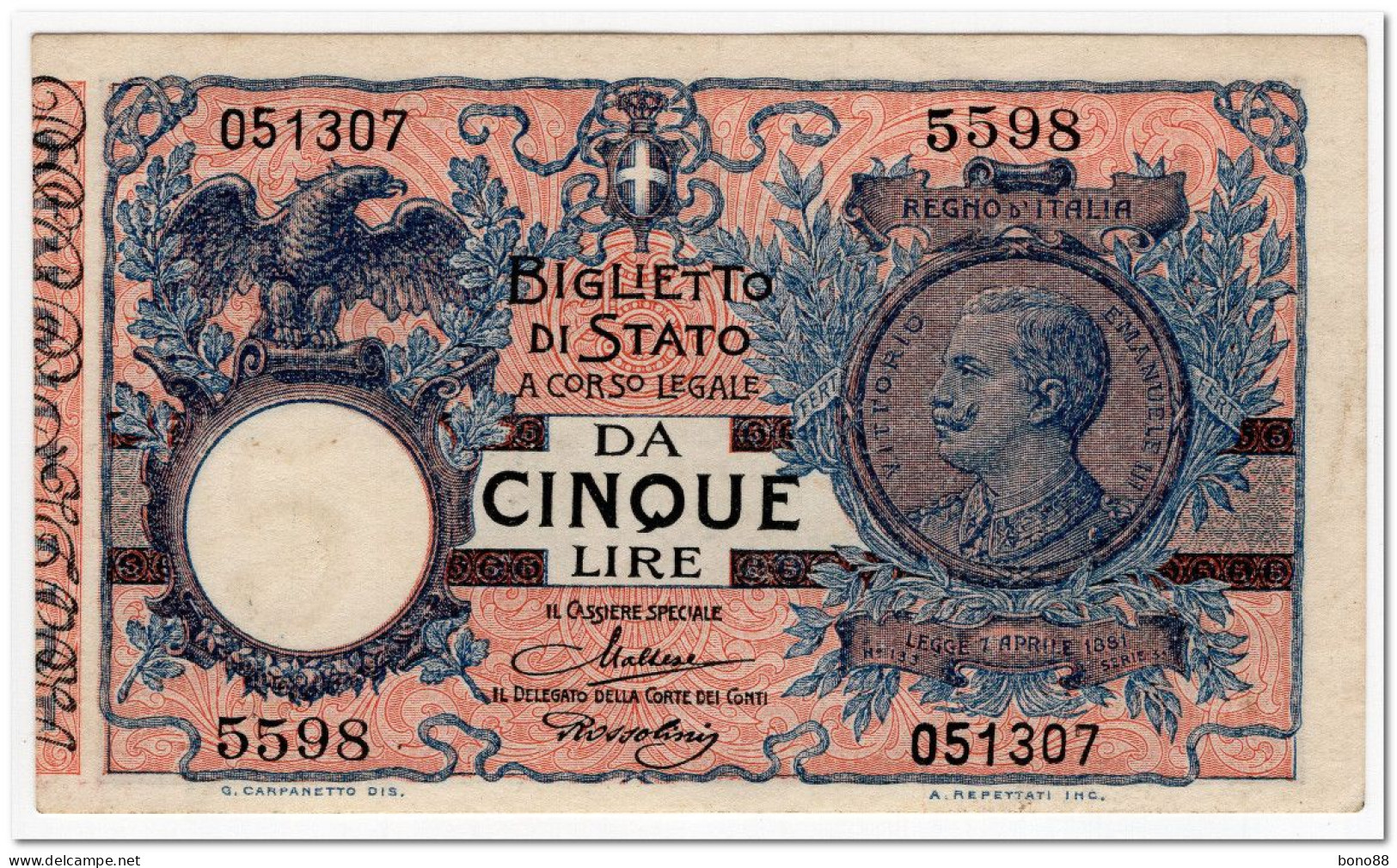 ITALY,5 LIRE,1923,P.23f,AU - Italië– 5 Lire