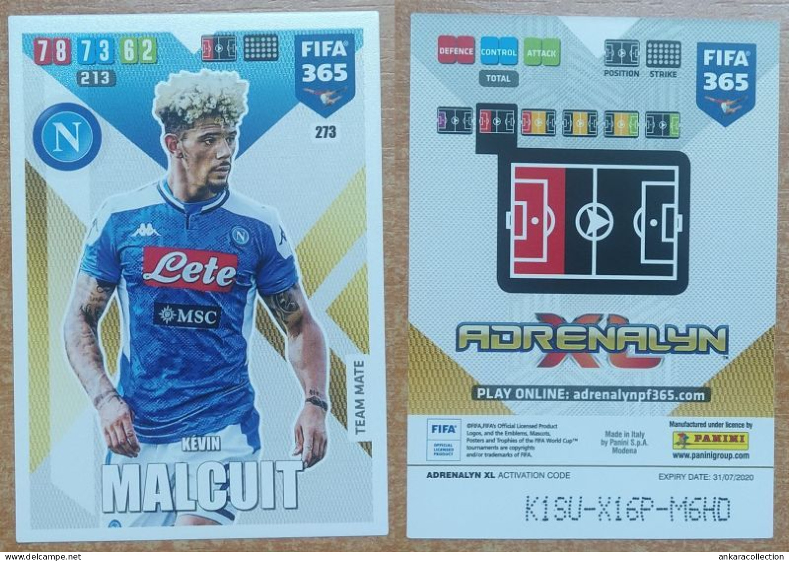 AC - 273 KEVIN MALCUIT  SSC NAPOLI  PANINI FIFA 365 2020 ADRENALYN TRADING CARD - Trading Cards