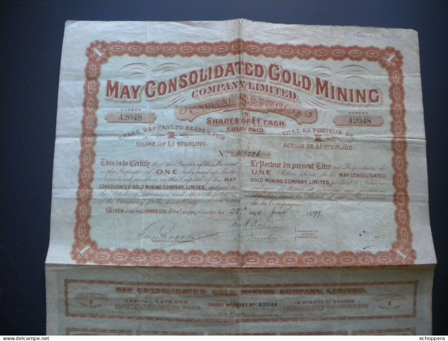 AFRIQUE Du SUD - MAY CONSOLIDATED GOLD MINING - Mine D Or 1899 - Mijnen