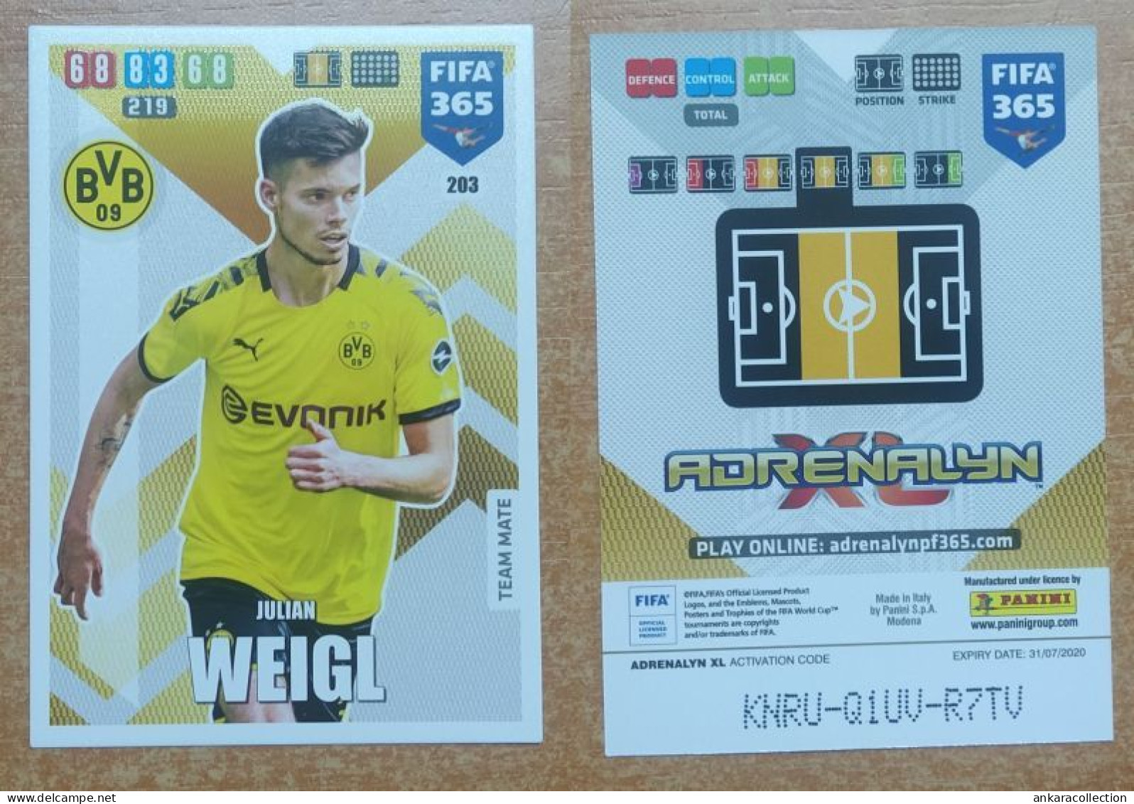 AC - 203 JULIAN WEIGL  BORUSSIA DORTMUND  PANINI FIFA 365 2020 ADRENALYN TRADING CARD - Trading Cards