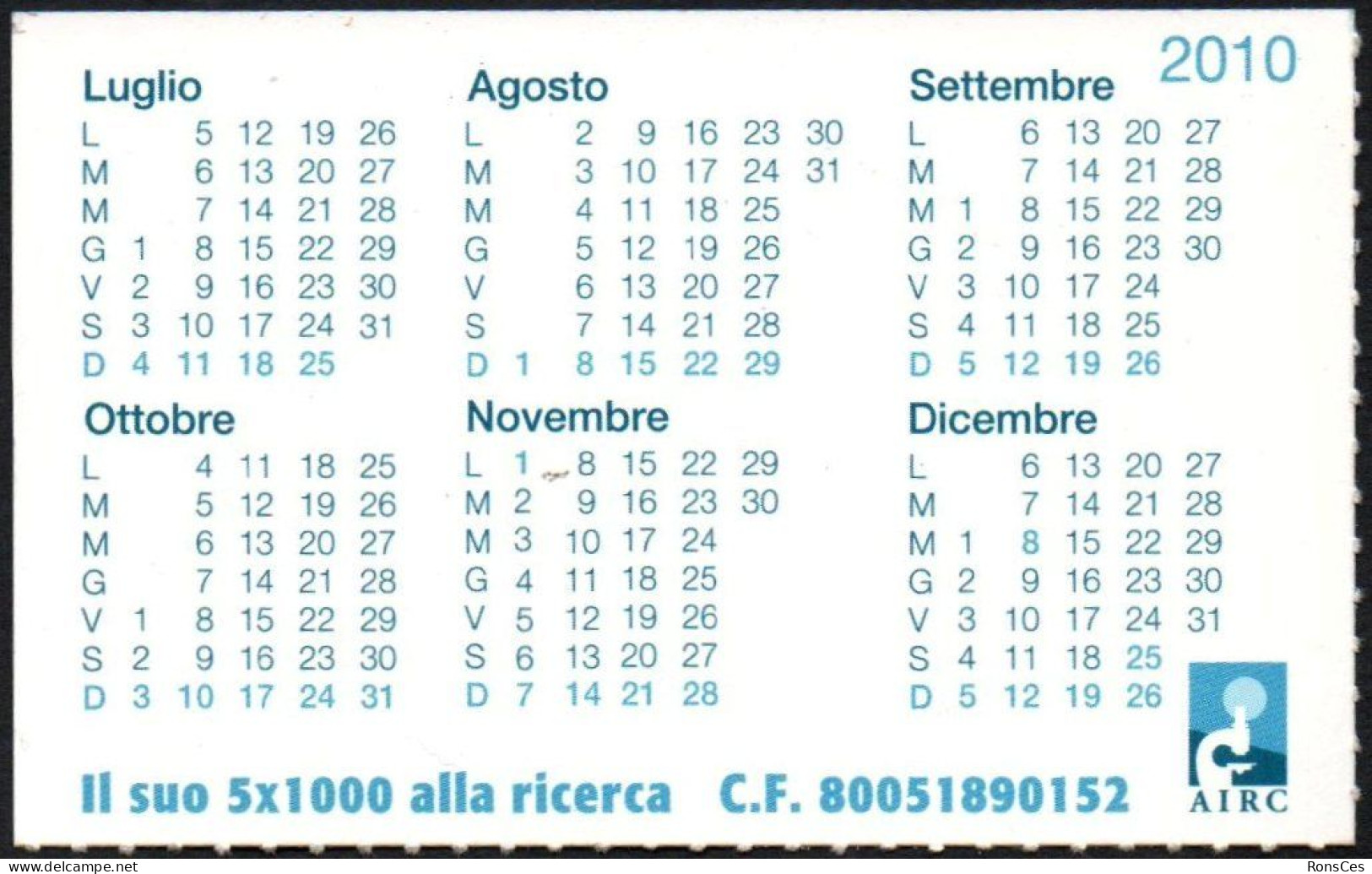ITALIA 2010 - CALENDARIO TASCABILE - AIRC - IL SUO 5x1000 ALLA RICERCA - I - Tamaño Pequeño : 2001-...