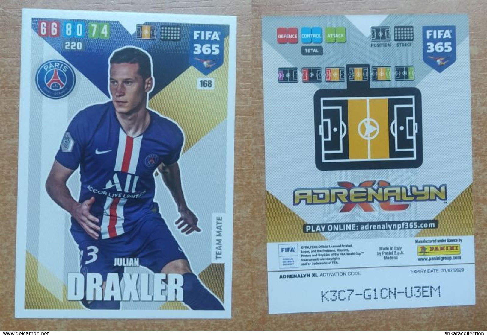 AC - 168 JULIAN DRAXLER  PARIS SAINT GERMAIN  PANINI FIFA 365 2020 ADRENALYN TRADING CARD - Tarjetas