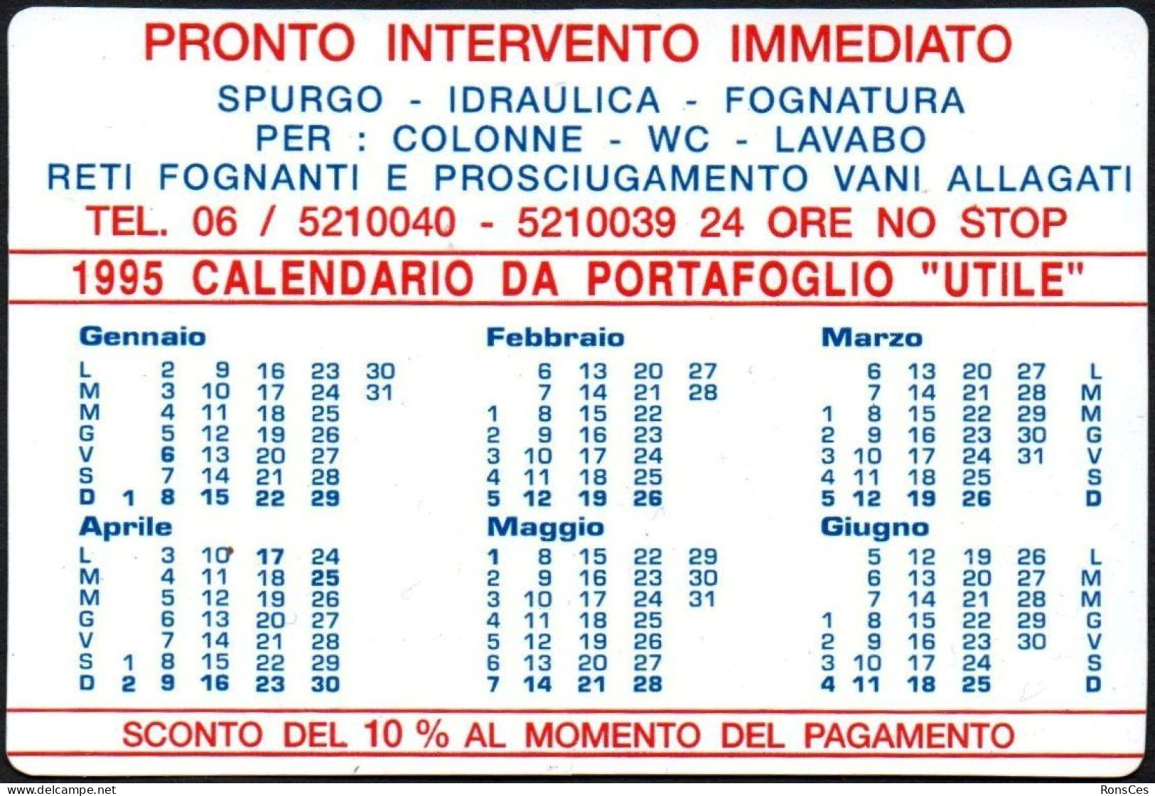 ITALIA 1995 - CALENDARIO TASCABILE - PRONTO INTERVENTO IMMEDIATO - SPURGO / IDRAULICA / FOGNATURA / DERATTIZZAZIONE - I - Tamaño Pequeño : 1991-00