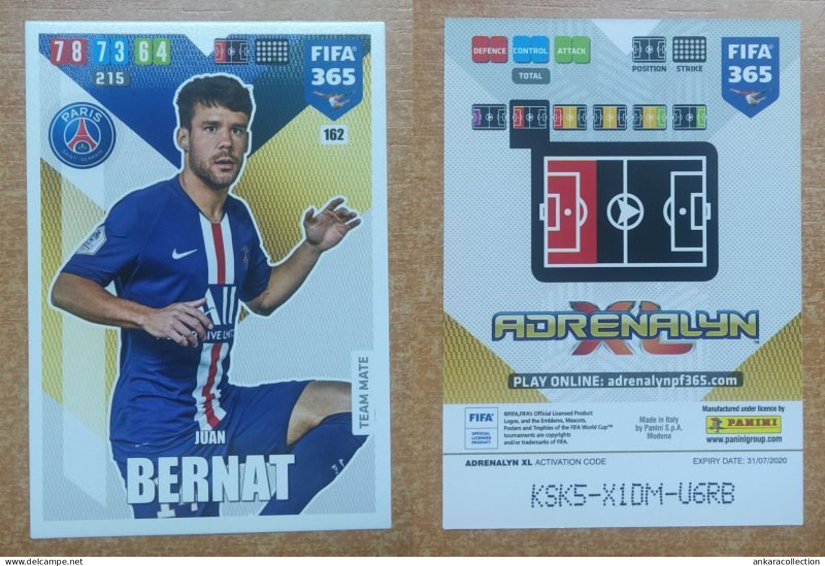 AC - 162 JUAN BERNAT  PARIS SAINT GERMAIN  PANINI FIFA 365 2020 ADRENALYN TRADING CARD - Trading-Karten