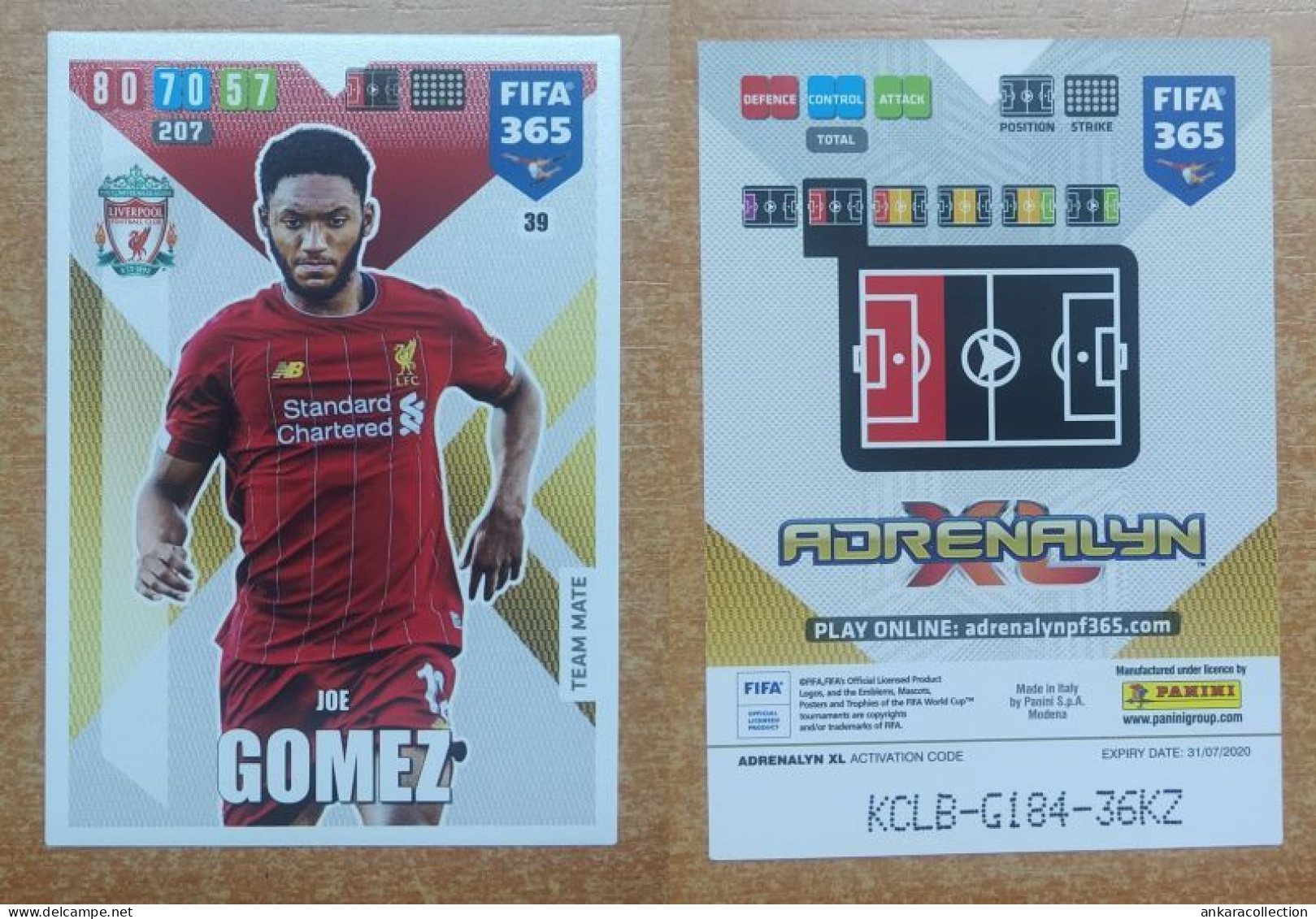 AC - 39 JOE GOMEZ  LIVERPOOL  PANINI FIFA 365 2020 ADRENALYN TRADING CARD - Tarjetas