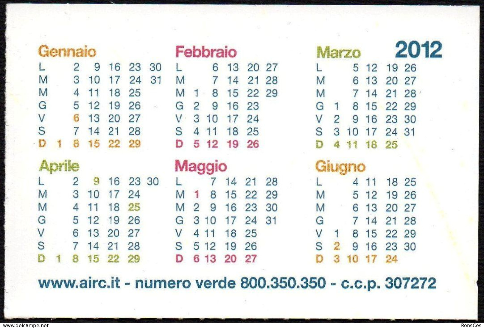 MEDICINE - ITALIA 2012 - CALENDARIO TASCABILE - AIRC - IL TUO 5x1000 ALLA RICERCA - I - Formato Piccolo : 2001-...