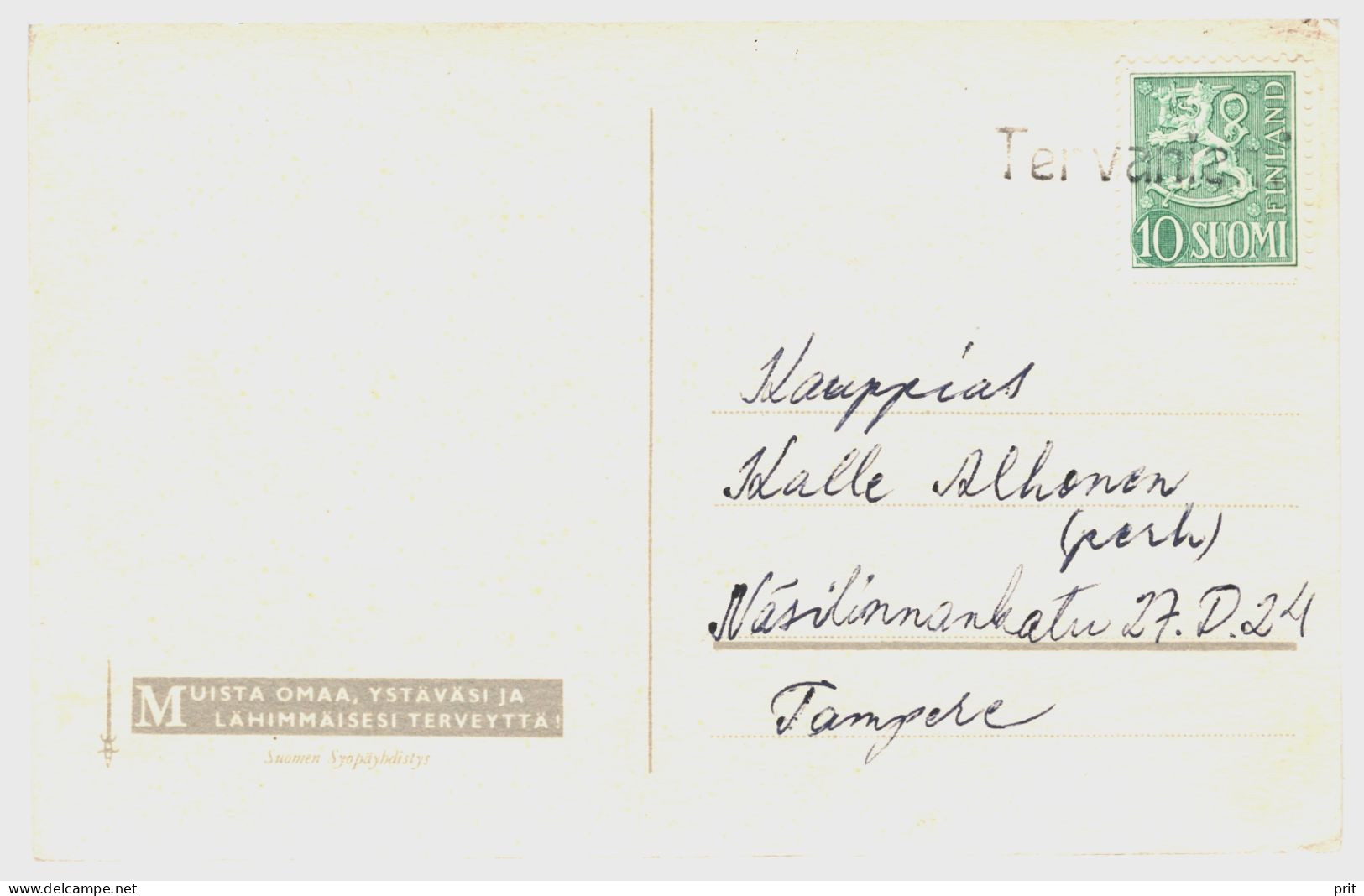 Tervaniemi, Finland Local Single Line Postmark ~ 1954 Christmas Postcard To Tampere - Brieven En Documenten