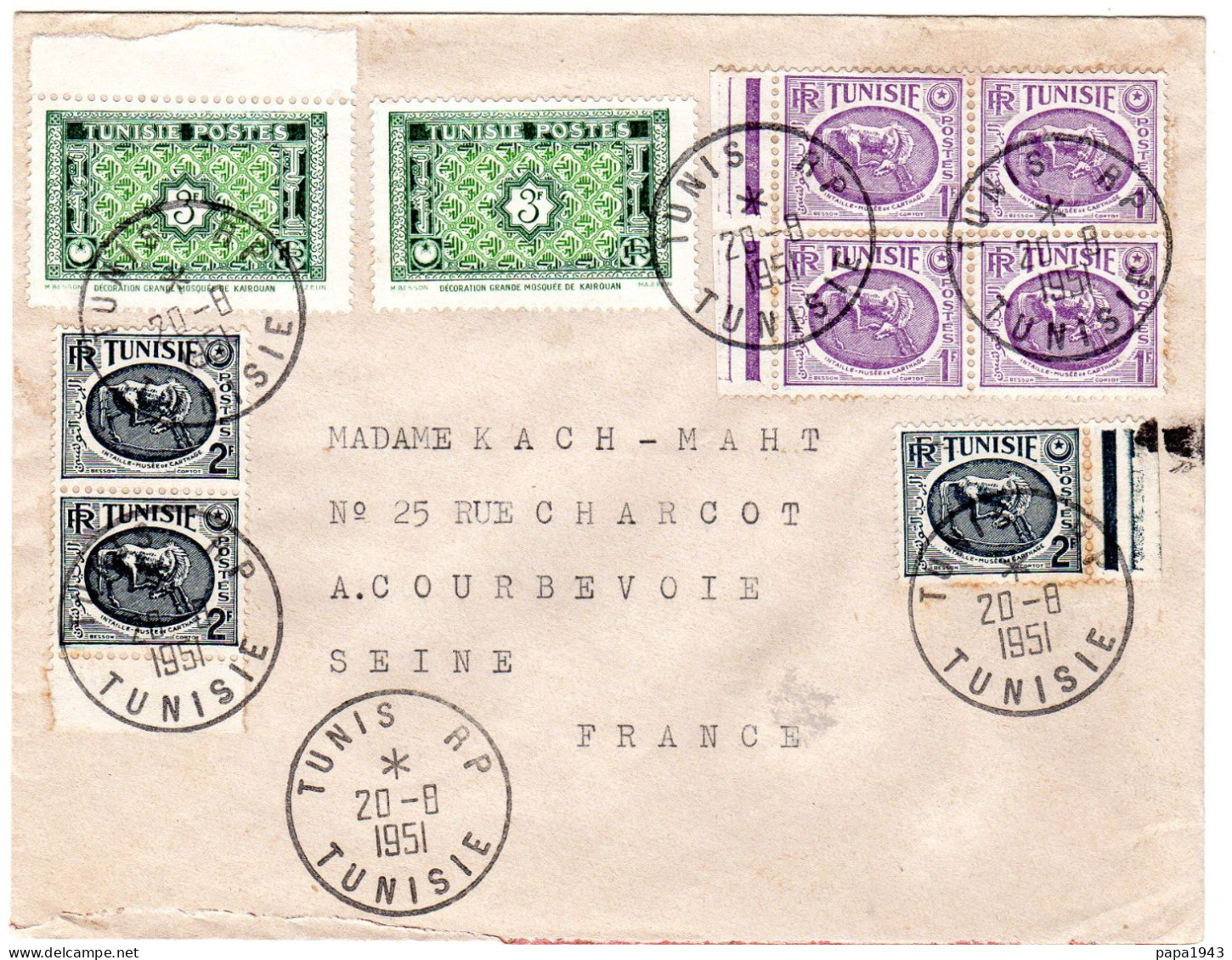 1951  CAD TUNIS R P   Envoyée à COURBEVOIE - Briefe U. Dokumente