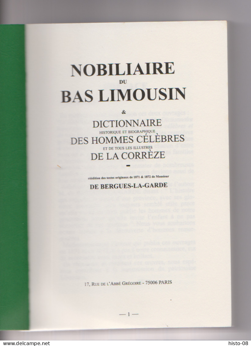 CORREZE  - NOBILIAIRE Du BAS LIMOUSIN : DICTIONNAIRE DES HOMMES CELEBRES DE LA CORREZE . - Limousin