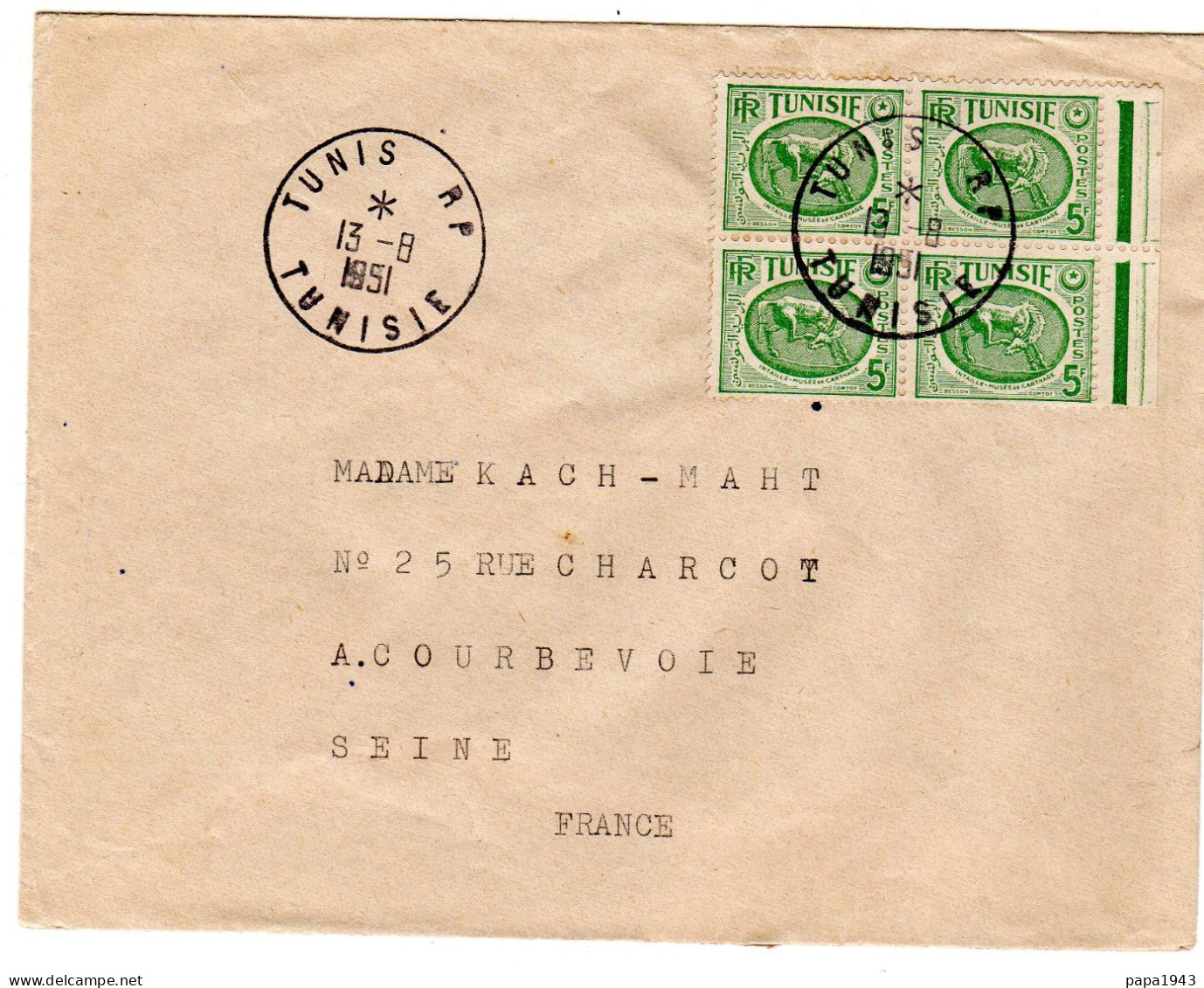 1951  CAD TUNIS R P   Envoyée à COURBEVOIE - Storia Postale