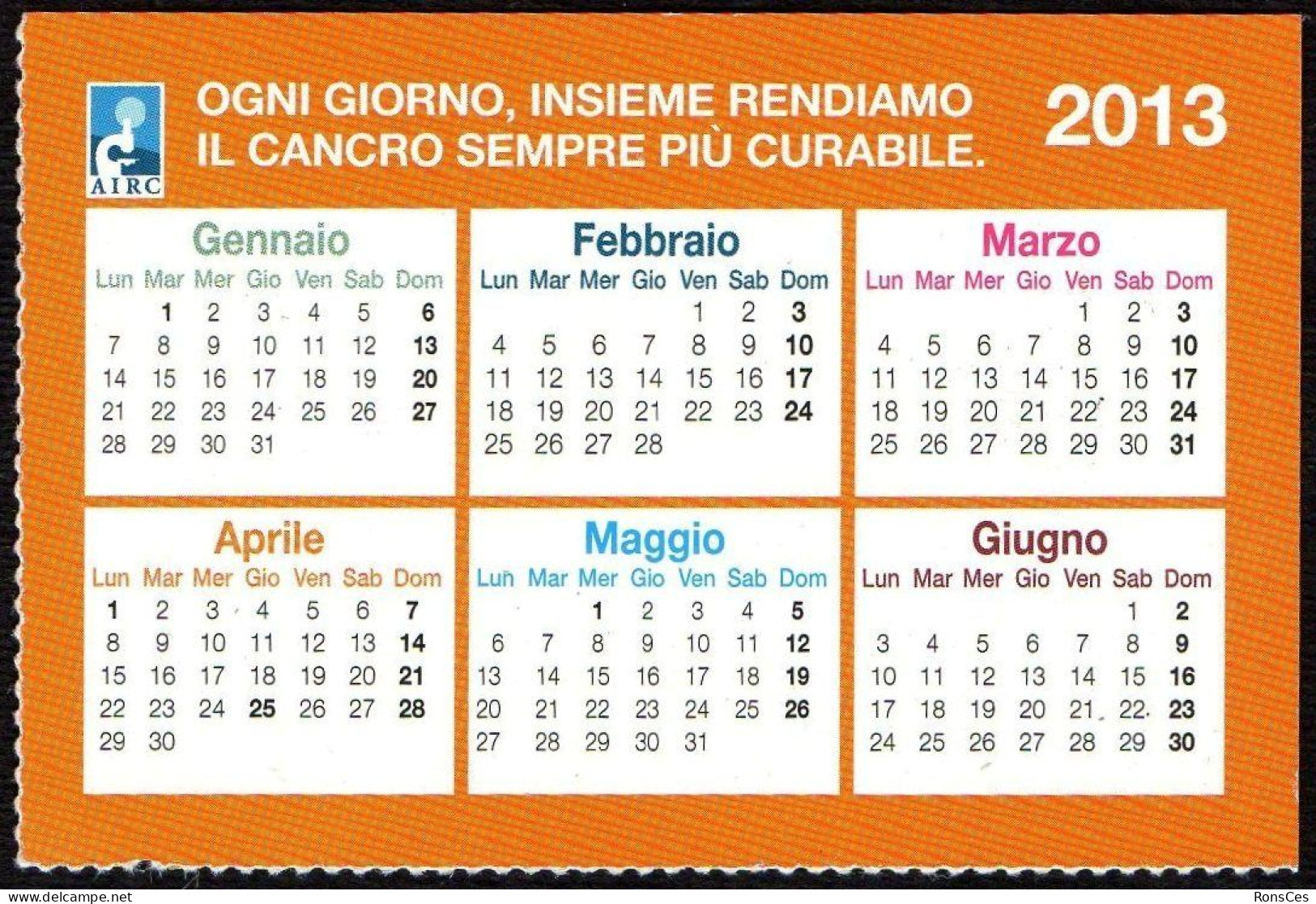 ITALIA 2013 - CALENDARIO TASCABILE - AIRC - OGNI GIORNO, INSIEME, RENDIAMO IL CANCRO SEMPRE PIU' CURABILE - I - Formato Piccolo : 2001-...