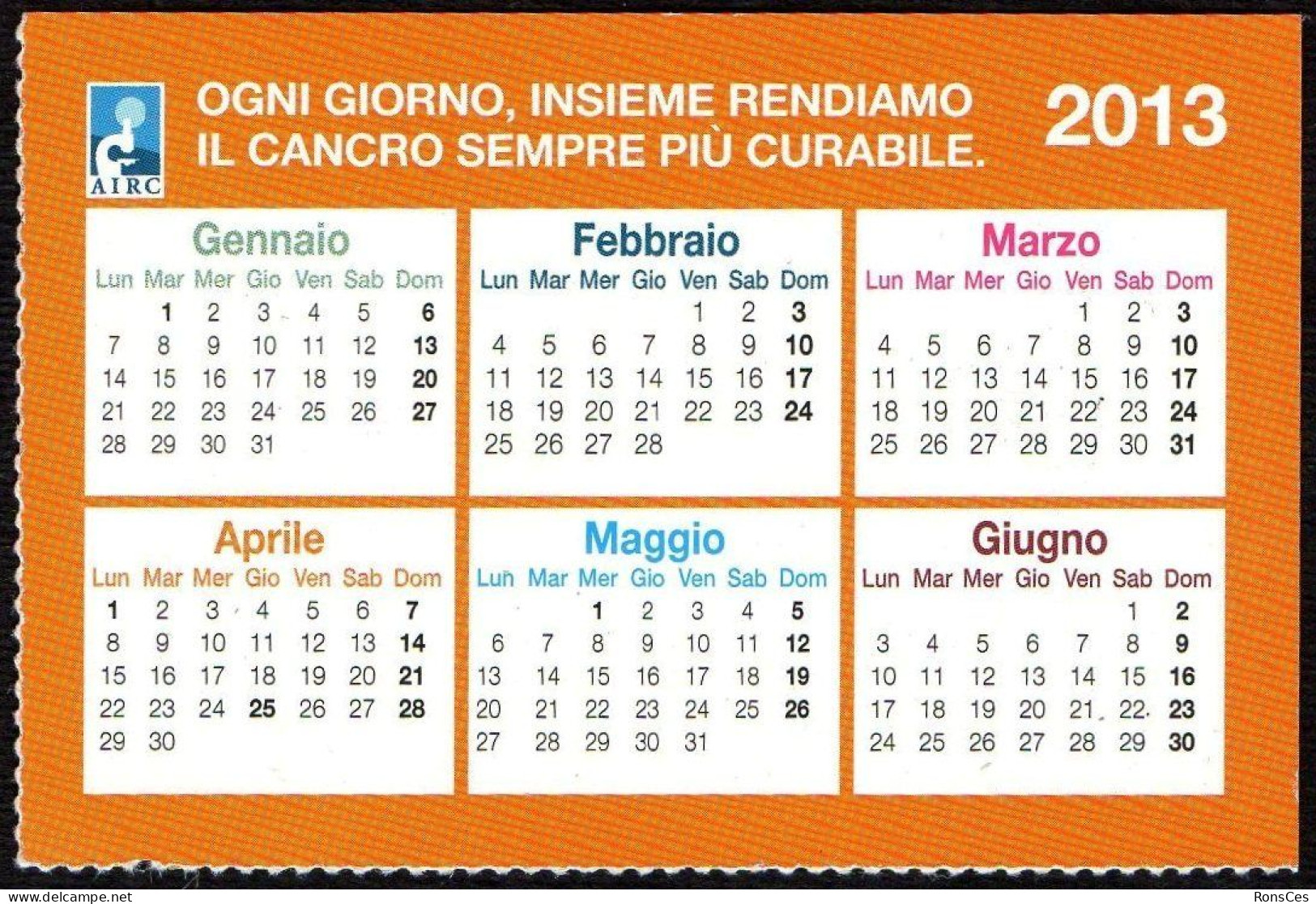 ITALIA 2013 - CALENDARIO TASCABILE - AIRC - OGNI GIORNO, INSIEME, RENDIAMO IL CANCRO SEMPRE PIU' CURABILE - I - Tamaño Pequeño : 2001-...