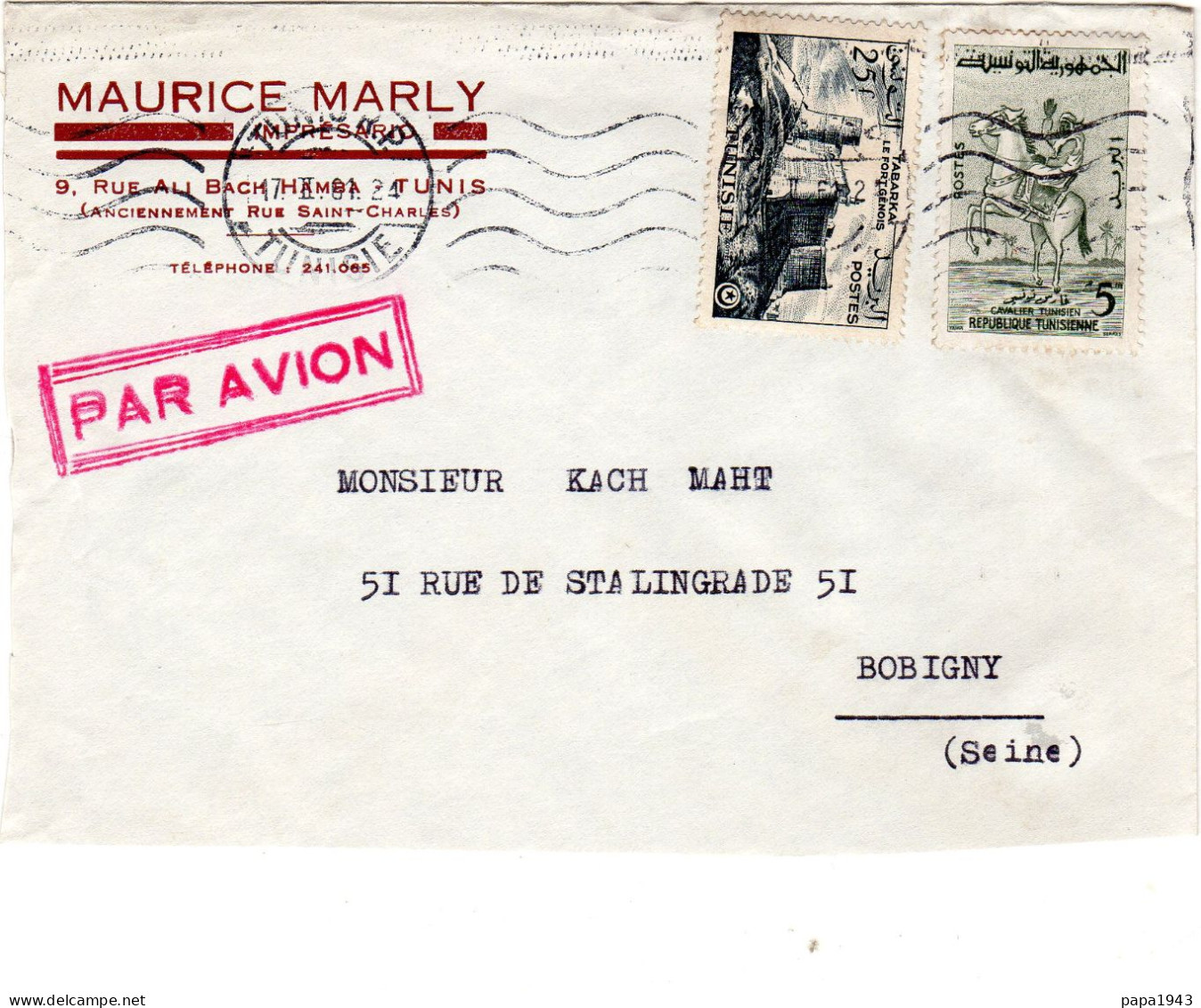 1956  CAD TUNIS R P " Maurice MARLY Imprésario " - Briefe U. Dokumente