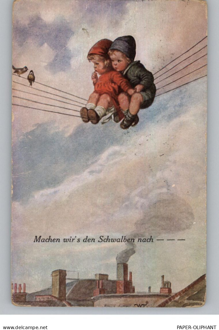 KINDER - Kinderpaar Sitzen Neben Schwalben Auf Einer Telefonleitung, Künstler-Karte Fialkowska, 1924 - Children's Drawings