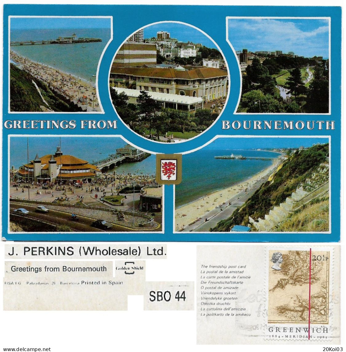 UK_Greetings From Bournemouth SBO 44, Dorset_1884 Meridian 1984 Greenwich Stamp_J Kerkins (Wholesale) Ltd_(TTB-TB) - Bournemouth (a Partire Dal 1972)