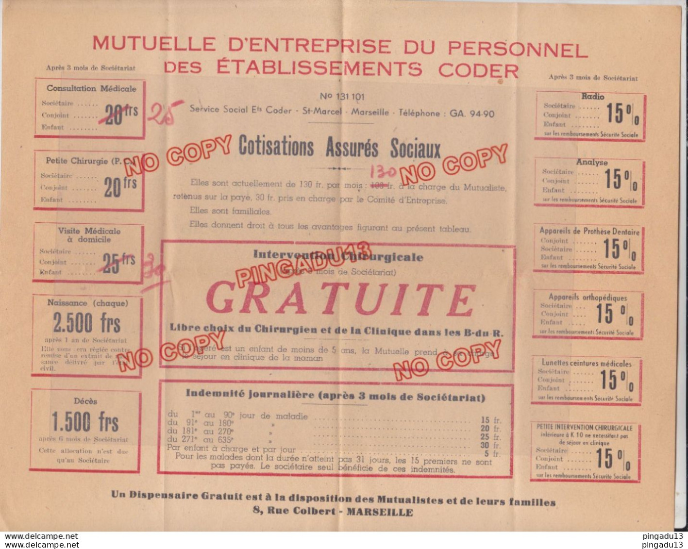 Fixe Marseille Quartier Saint-Marcel Document Tarif Années 20-30 Sur La Mutuelle De L'entreprise - Non Classificati