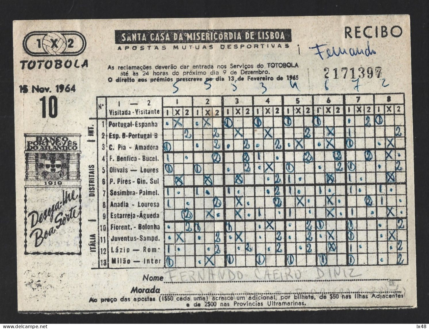 Totoball. Sports Betting. Football Game Portugal / Spain 1964. Tobacco Lusos. Café Sical. Match Football Portug. Soccer - Sport