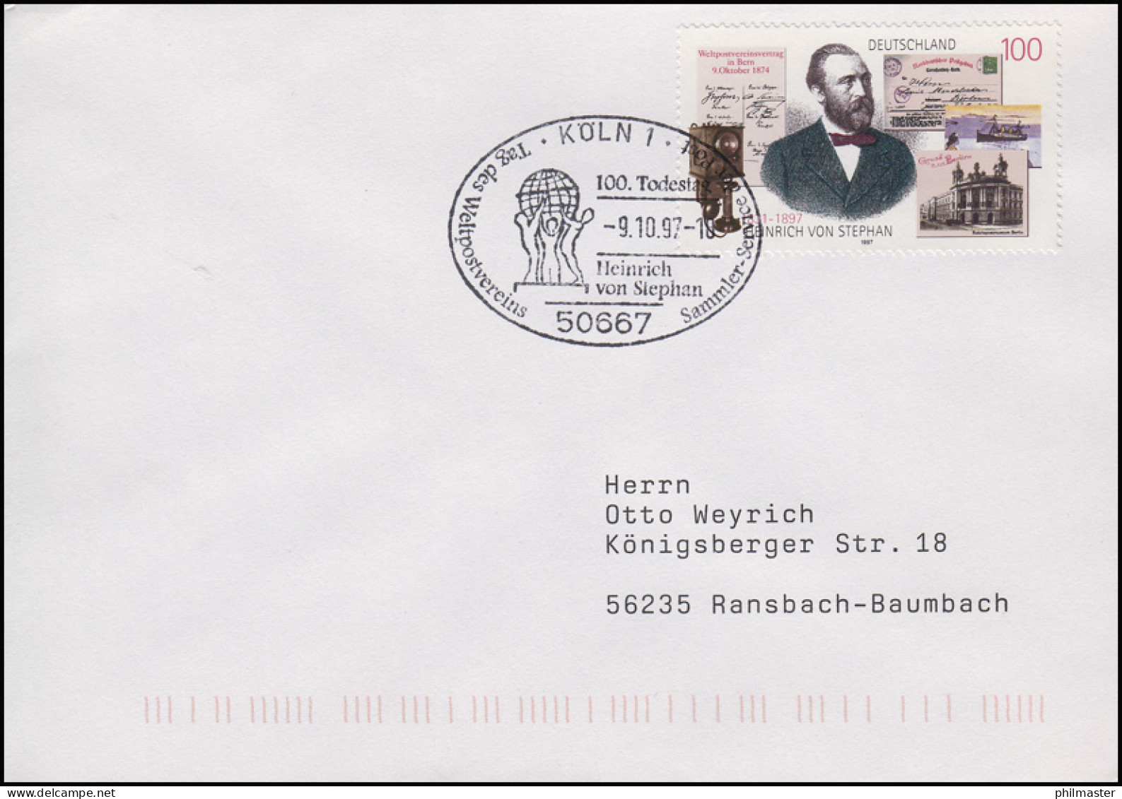 1912 Heinrich Von Stephan, EF Brief SSt Köln Portrait & Todestag & UPU 9.10.1997 - U.P.U.