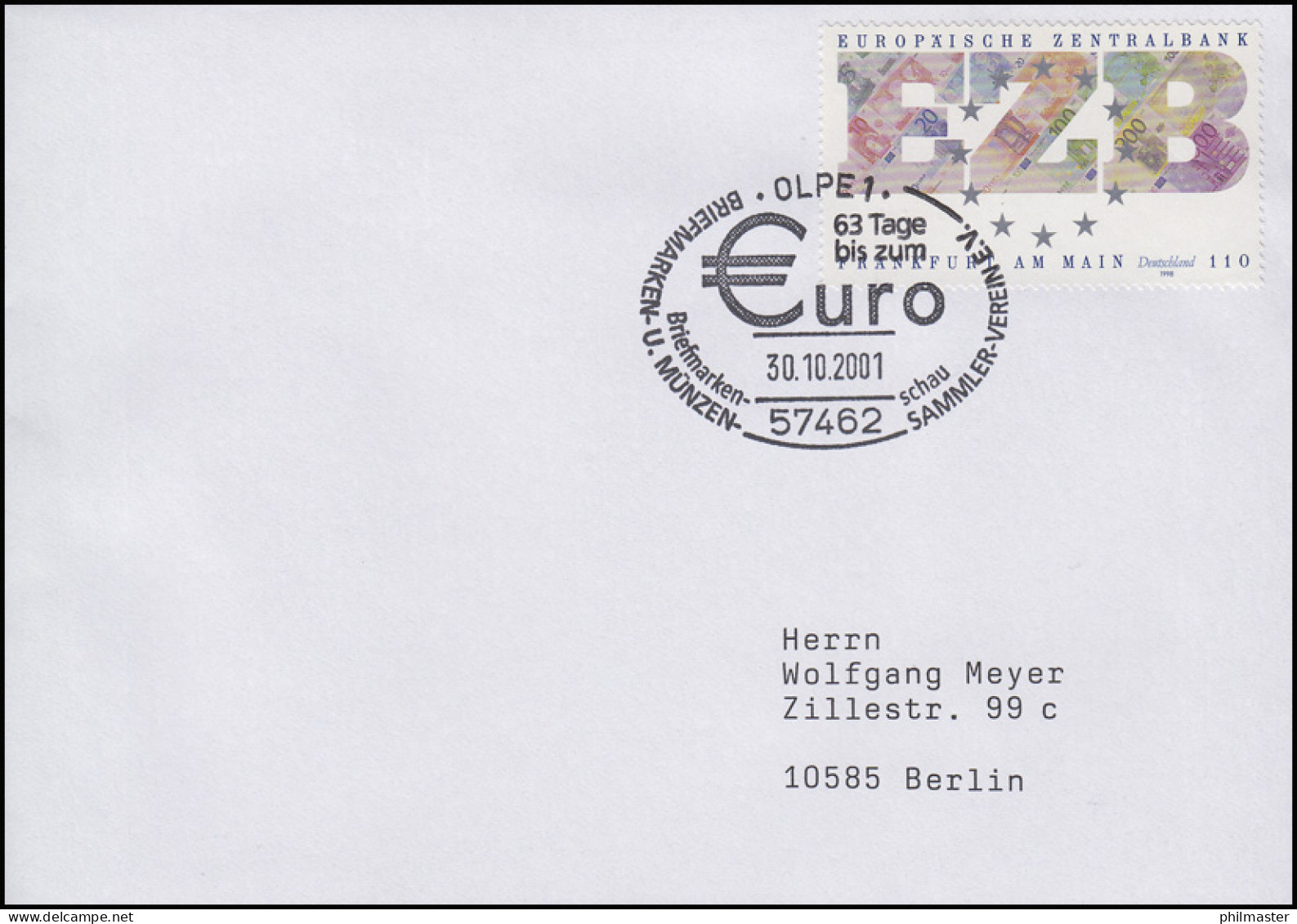 2000 EZB, EF Brief SSt Olpe Briefmarkenschau & 63 Tage Bis Zum Euro 30.10.2001 - Monedas