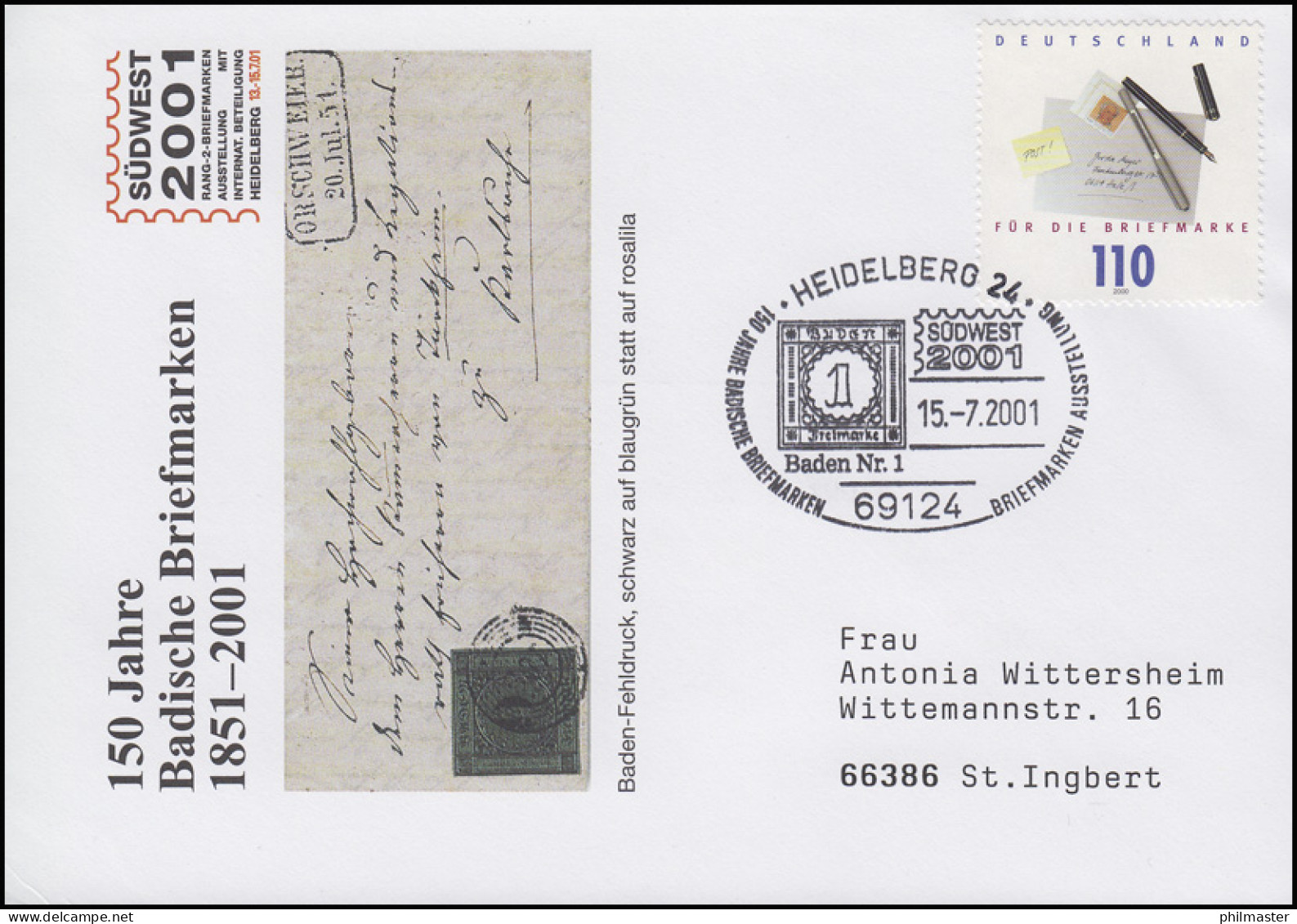 2148 Tag Der Briefmarke, Schmuck-Brief SSt Heidelberg Baden Nr. 1 - 15.7.2001 - Post