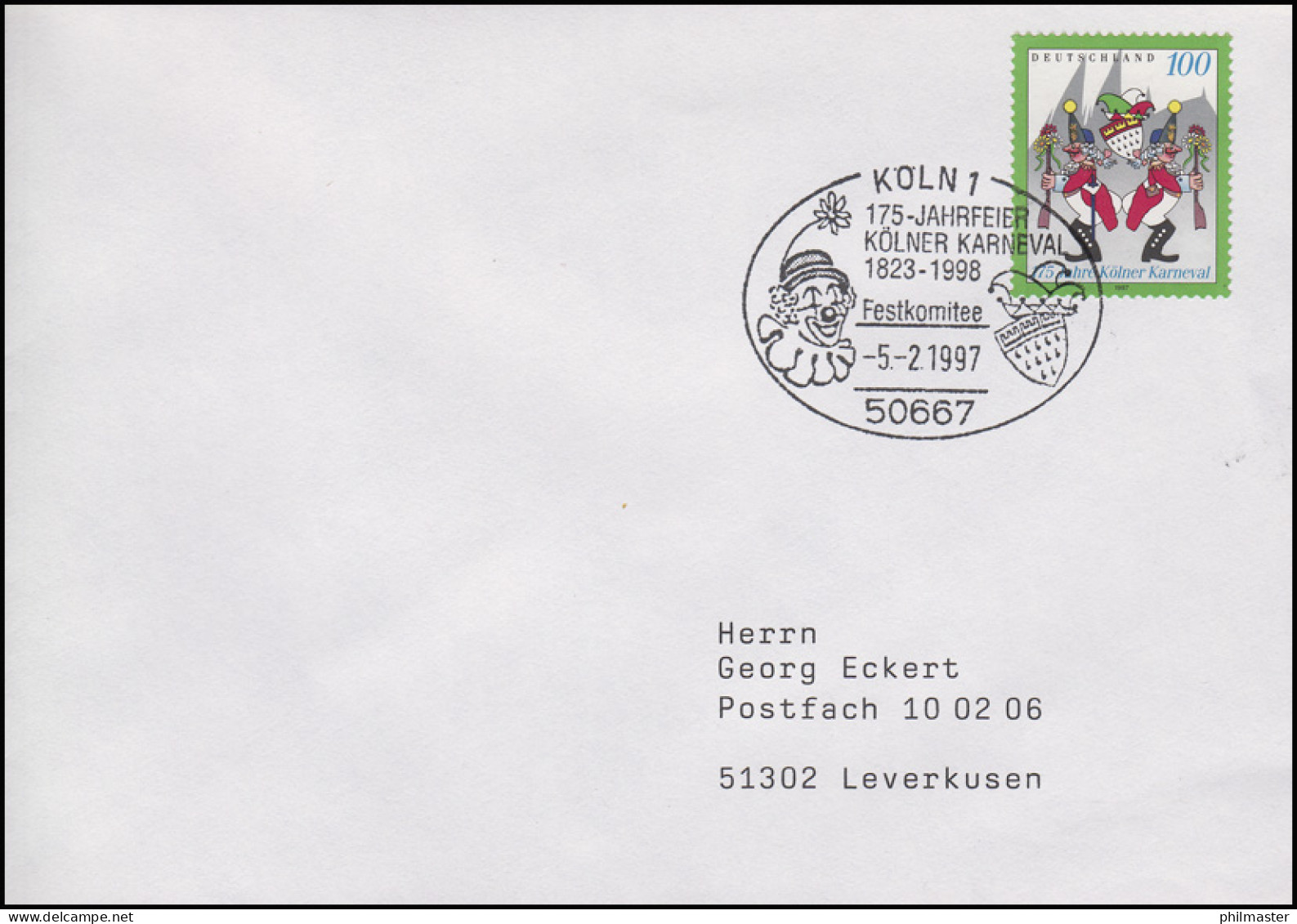 1903 Kölner Karneval, EF Brief SSt Köln 175. Jahrfeier & Festkomitee 5.2.1997 - Kostums