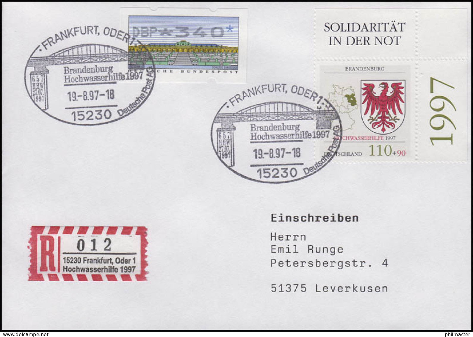 Sonder-R-Zettel Hochwasserhilfe MiF 1941 R-FDC ESSt Frankfurt/Oder 19.8.1997 - Etiquettes 'Recommandé' & 'Valeur Déclarée'