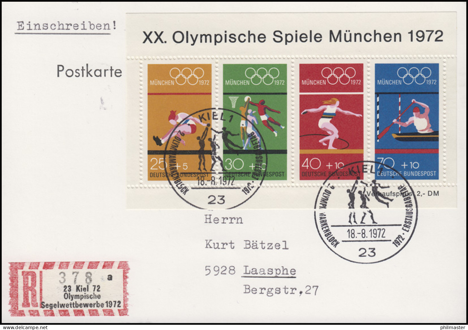 Sonder-R-Zettel Kiel Segelwettbewerbe 1972 Auf FDC-Postkarte ESSt Kiel 18.8.1972 - R- & V- Vignette