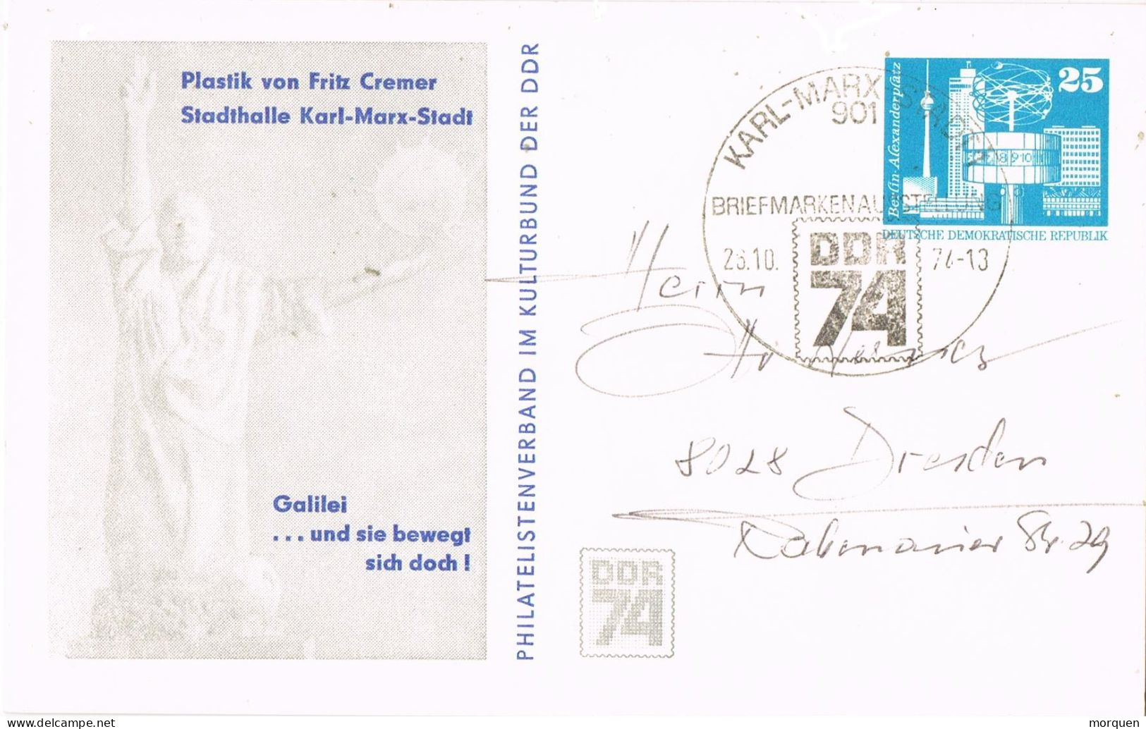 54849. Entero Postal KARL MARX STADT (Alemania DDR) 1974. GALILEI - Postkarten - Gebraucht