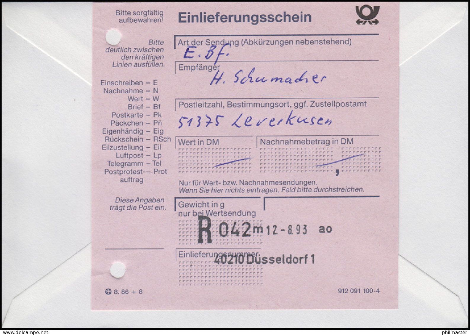 1663 Nordrhein-Westfalen, MiF Not-R-Zettel 40210 Düsseldorf R-FDC ESSt 12.8.1993 - R- & V- Labels