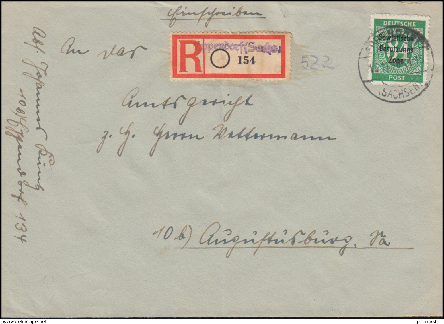 211 SBZ-Aufdruck 84 Pf. EF Auf R-Brief Not-R-Zettel EPPENDORF/SACHEN 15.11.1948 - Covers & Documents