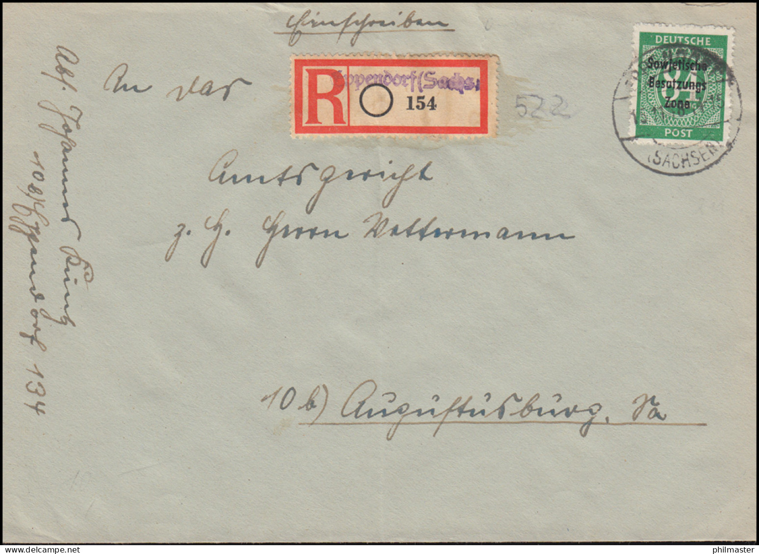 211 SBZ-Aufdruck 84 Pf. EF Auf R-Brief Not-R-Zettel EPPENDORF/SACHEN 15.11.1948 - Storia Postale