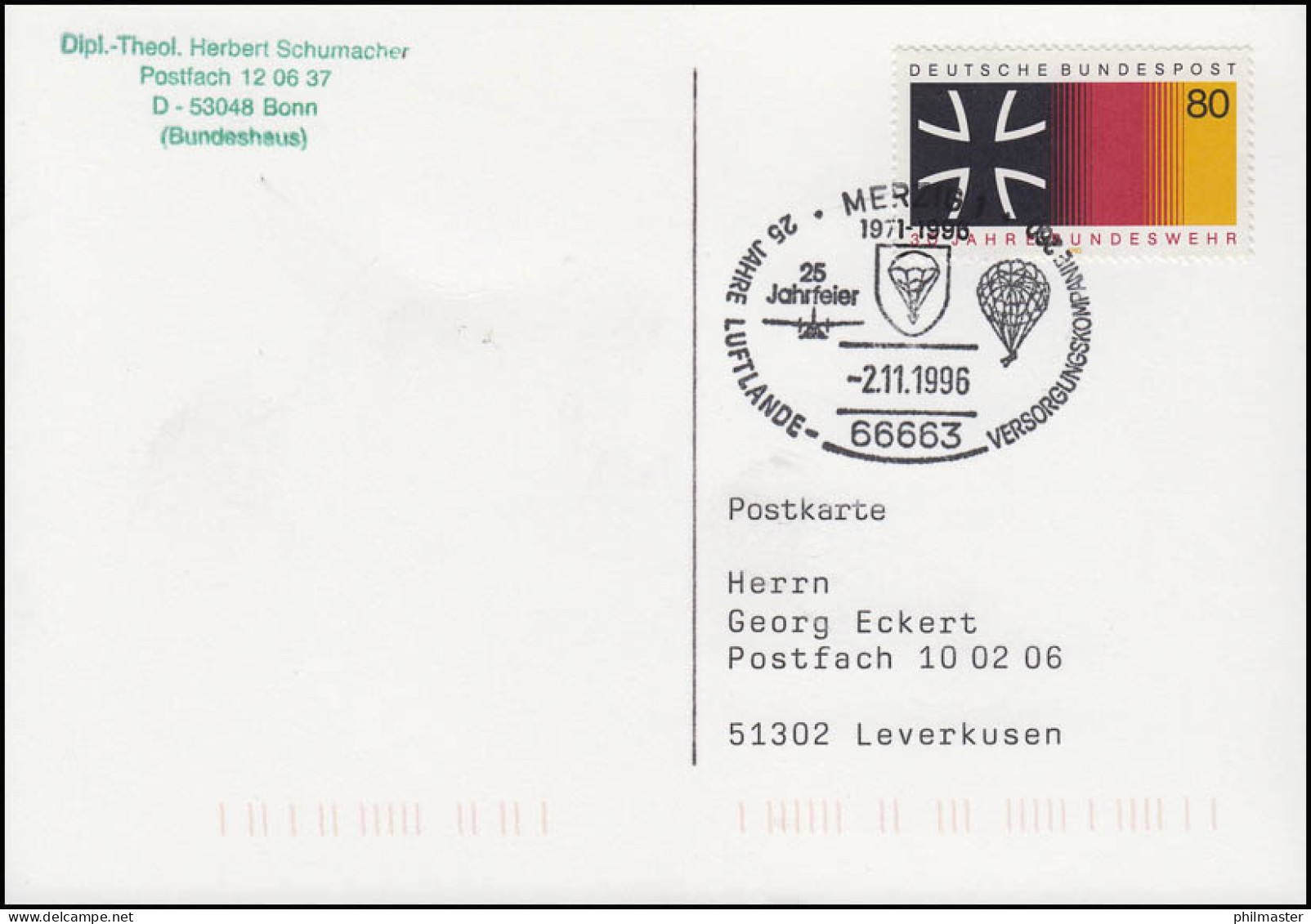 1266 Bundeswehr Postkarte SSt Merzig Luftlande-Versorgungskompanie 2.11.1996 - Militaria